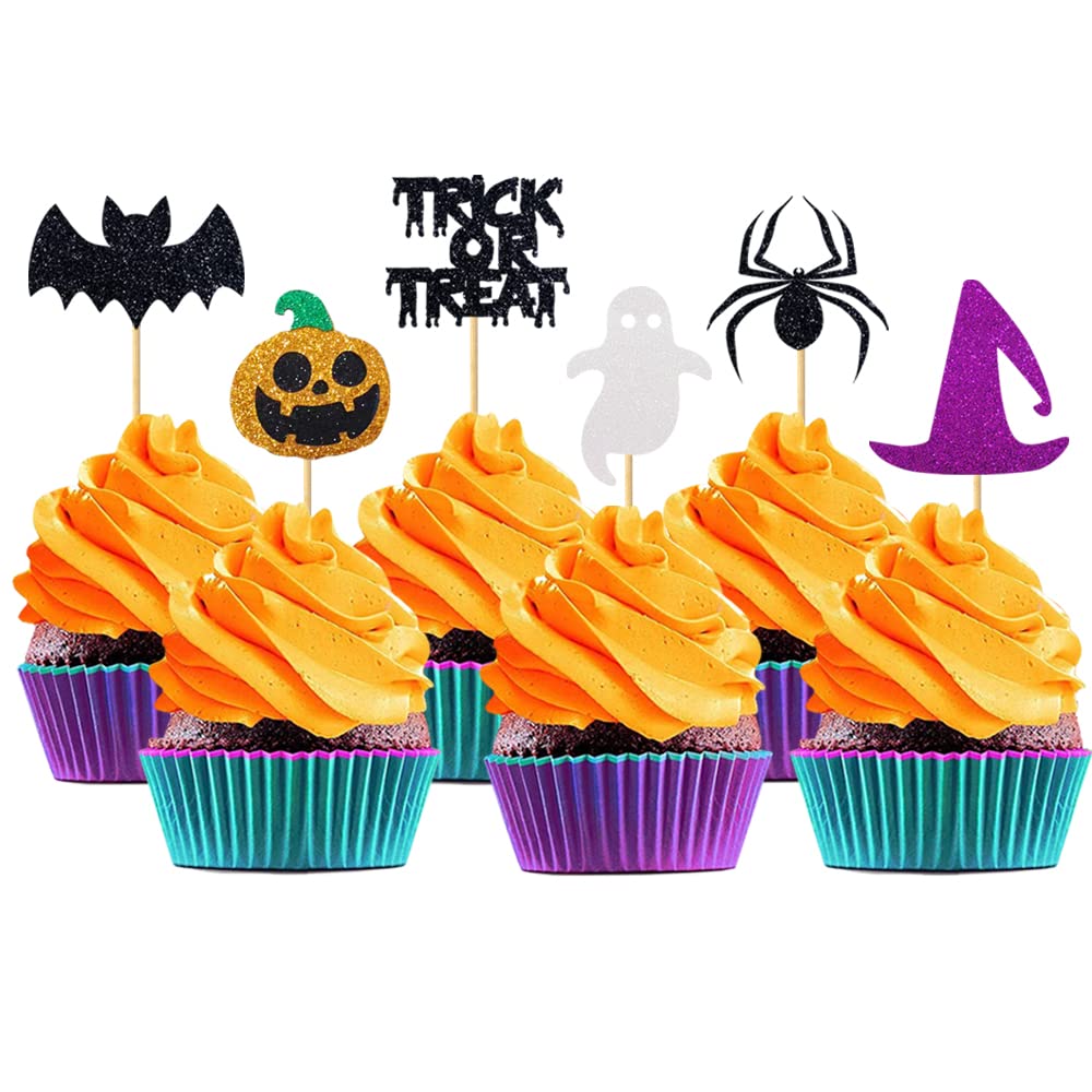 Patico Halloween Theme Glitter Cupcake Topper Cake Picks Decoration for Halloween Party Favors, Ghost Hat and Bats Food Picks - 24pcs