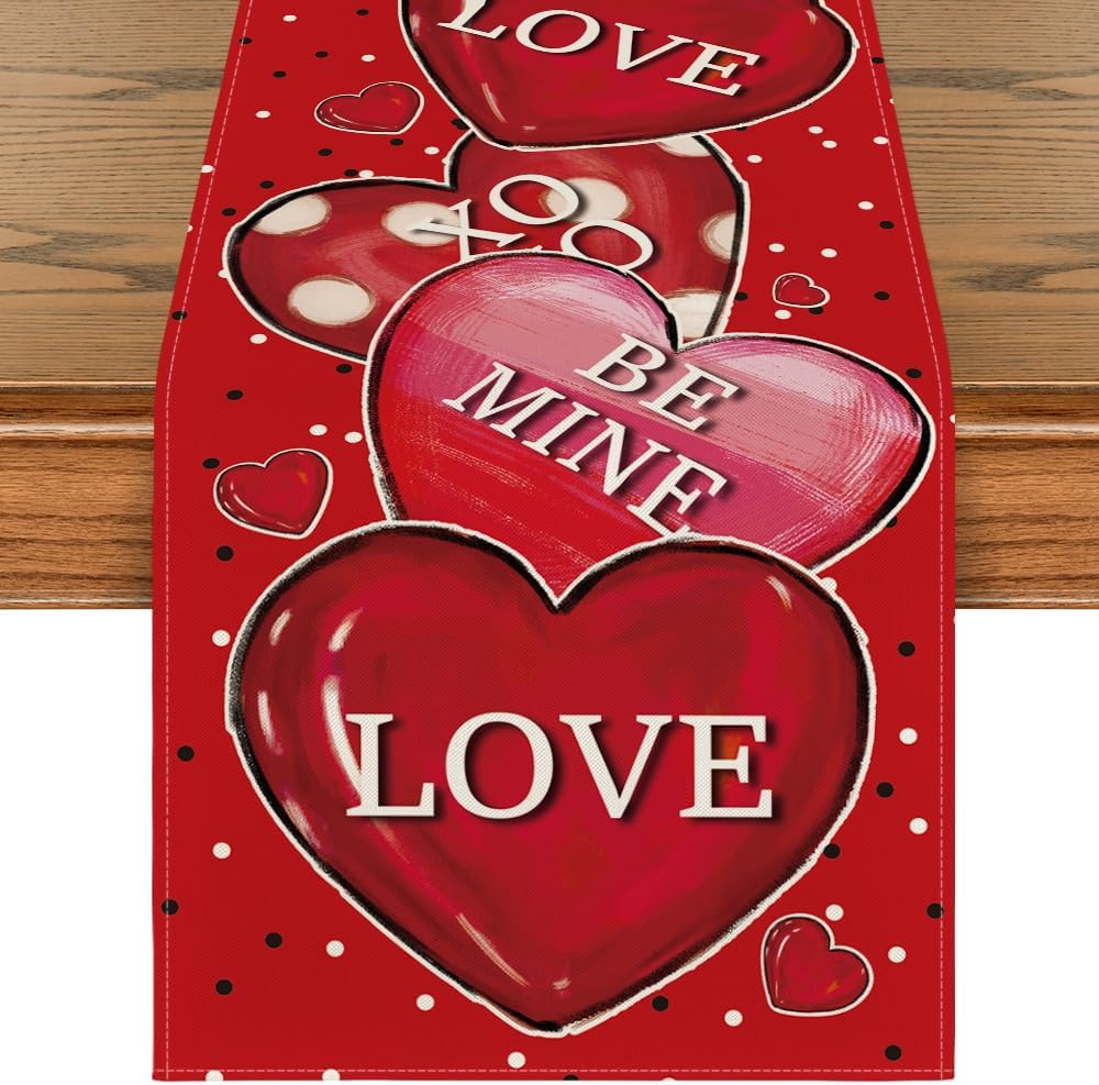 Artoid Mode Polka Dot Heart Love Valentine's Table Runner, Anniversary Wedding Kitchen Dining Table Decoration for Home Party Decor 13x90 Inch