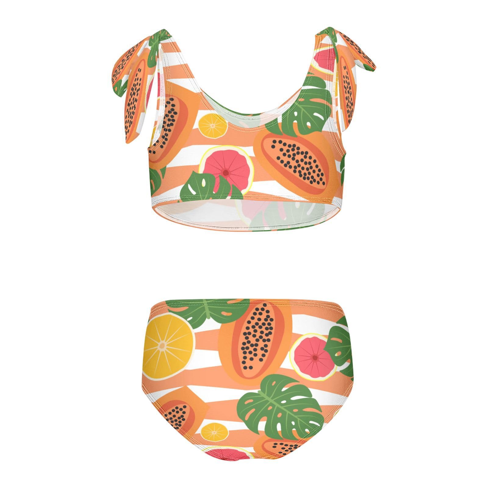 Papaya Lemon Tropical Leaves Girls Swimsuits 2 Piece Swimwear Bikini Set Beach Bathing Suit for Summer Girl Kids 7-8T