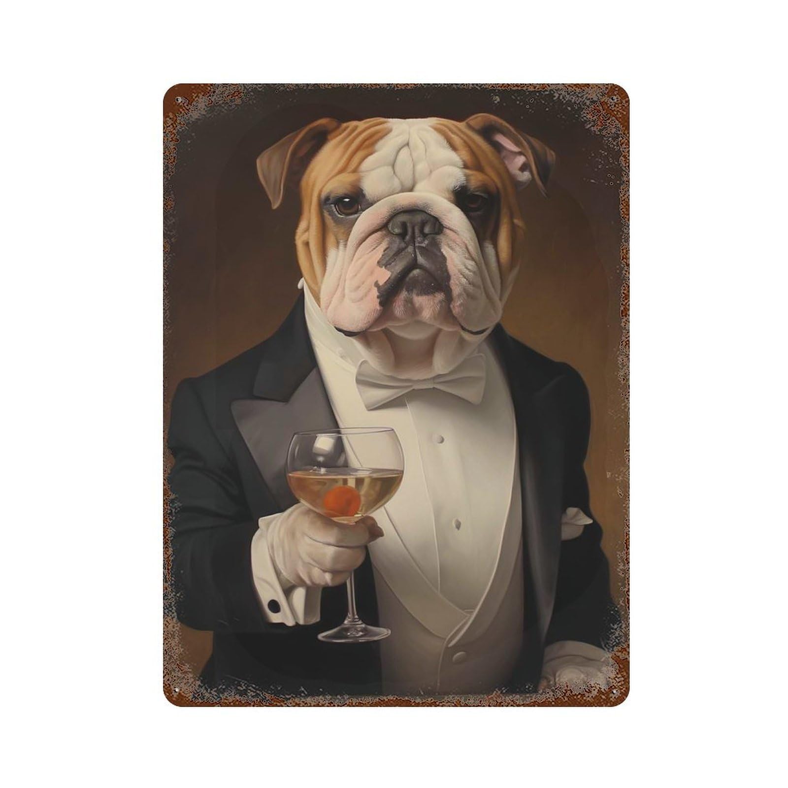 Rust Effect Bull Dog Dressed in Tuxedo Rusty Metal Tin Sign 15.7"x11.8", Old School Wall Decor for Basement, Hobby Room And Garage Decor