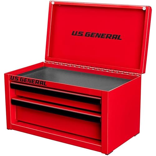 U.S. GENERAL U.S. GENERAL MINI STEEL TOOLBOX, 2 Drawers with magnetic locking mechanism and Top Storage, PVC Liners, Black Trim. (1, RED)