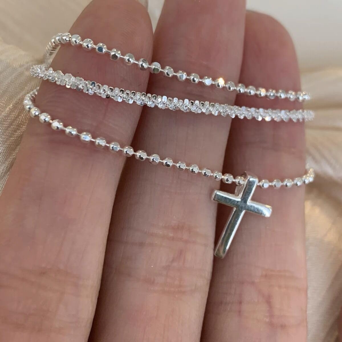 Aluinn Silver Layered Rope Necklace for Women Simple Silver Cross Pendant Choker Chain Necklace Cute Tiny Trendy Necklaces Jewelry Gift for Women - Image 5