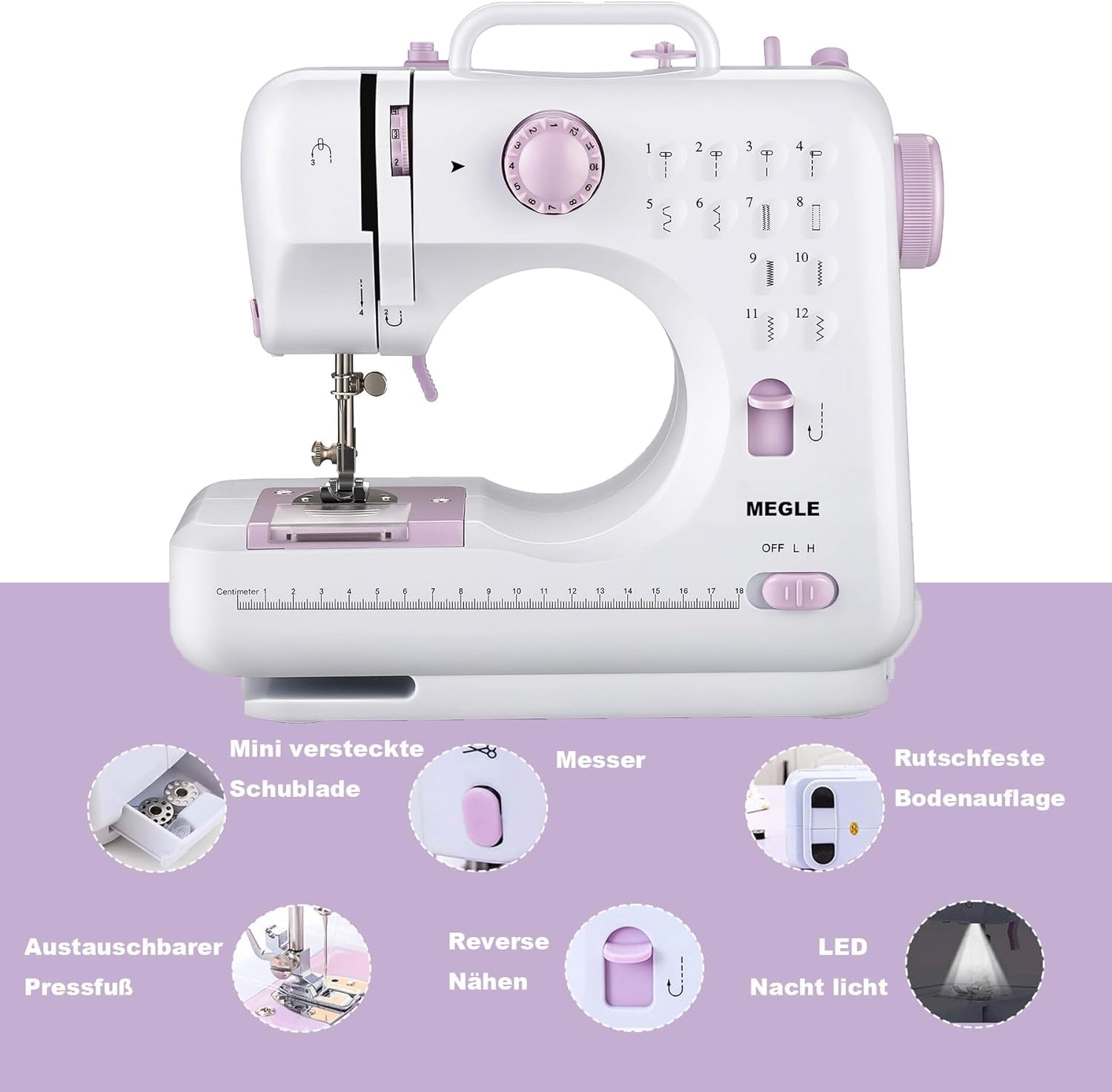 Nähmaschine mit Fußpedal für Anfänger und Kinder, kleine Maschine, 5-Sprachen-Handbuch, 12 eingebauten Stichens, MEGLE FHSM-505