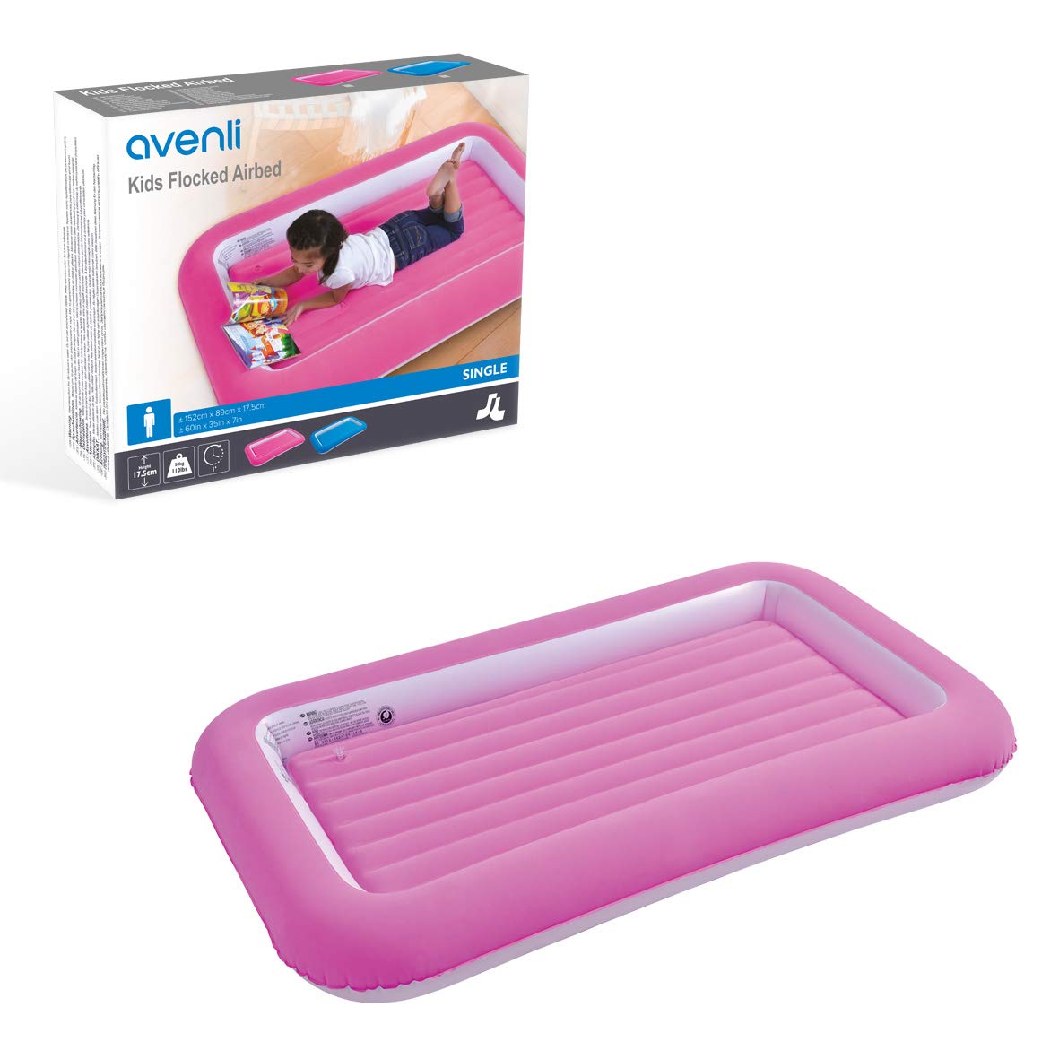 Avenli 85490 Kids Airbed / Single Size Flocked Air Mattress / Pink Coloured / 152cm x 89cm x 17.5cm