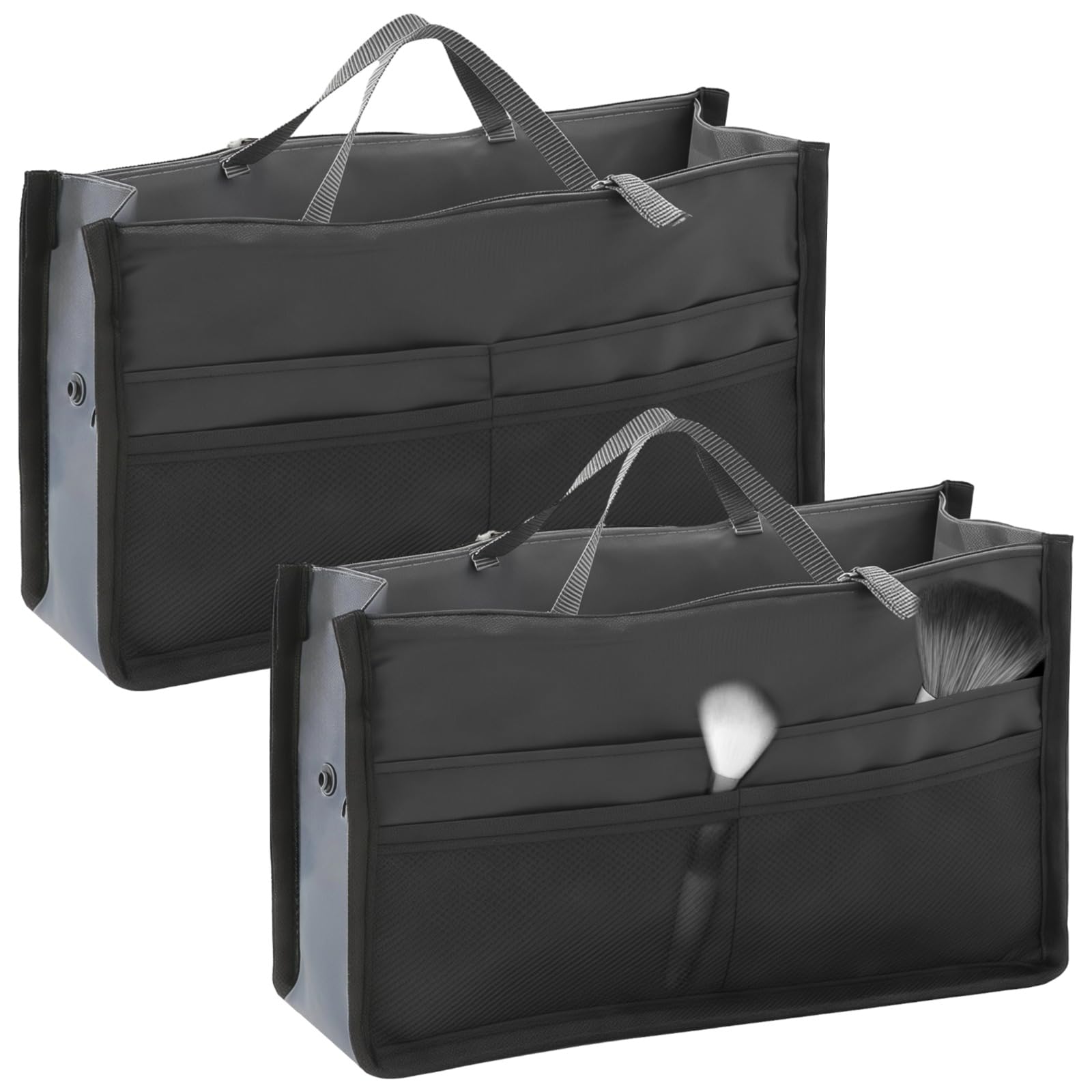 Packool 2 Pcs File Tote Bags, Foldable Organizer Bags, Nylon Multi-Pocket Storage Totes, 11x6.7x3.9, Large Capacity with Zipper, Portable Insert for Office, Files, Makeup, Travel, Picnic