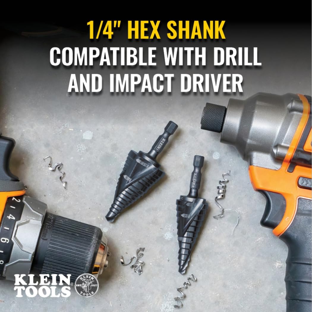 Klein Tools QRST15 wiertło stopniowe, spirala szybkiego uwalniania, podwójnie gwintowana, 7/8 do 1-3/8 cala, chwyt sześciokątny, stal cięta, drewno, plastik, aluminium
