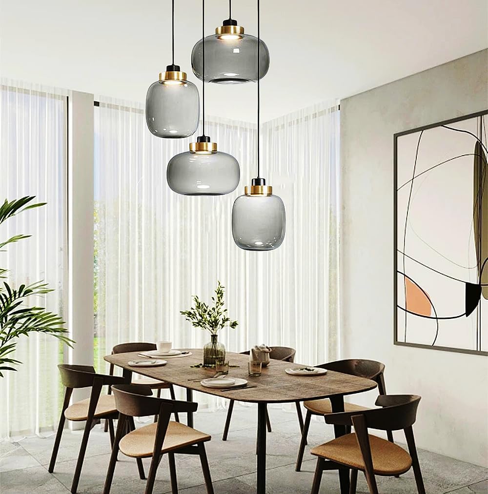 3 Heads Champagne Gold Glass Pendant Light Modern Flush Mount Ceiling Hanging Light Fixture Unique Glass Kitchen Chandelier for Kitchen Hotel Coffee Bar Dining Room