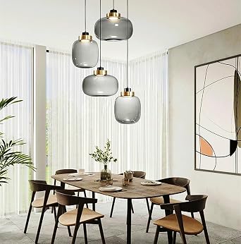 4 Lights Modern Pendant Light Smoke Grey Glass Semi Flush Mount Hanging Ceiling Lamp DIY Cluster Chandeliers with LED Chip Bulb for Island Bar Kitchen Dining Room Hallway Farmhouse