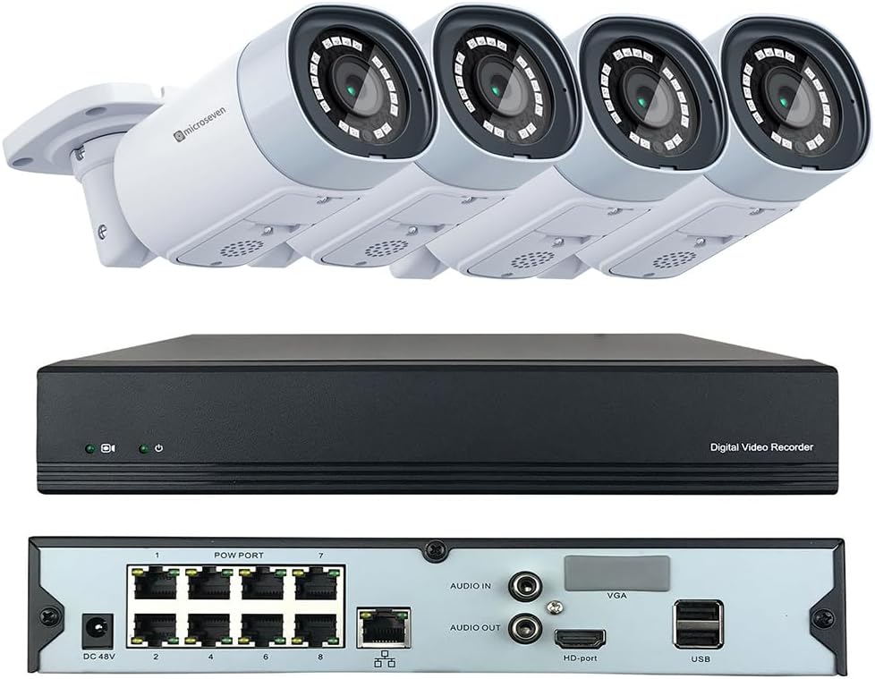MICROSEVEN 8MP 8CH PoE ホームセキュリティカメラシステム オーディオ & Alexa付き 24x7 録