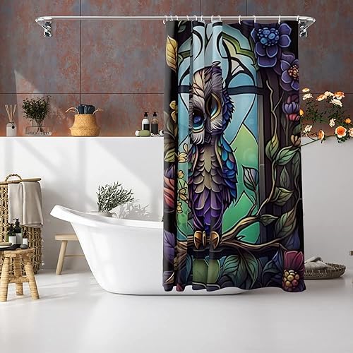 Miniatura 6 de Cortina de ducha divertida con diseño de búho para baño, vidrio manchado, set de accesorios de baño con hongos, decoración de primavera, acuarela,