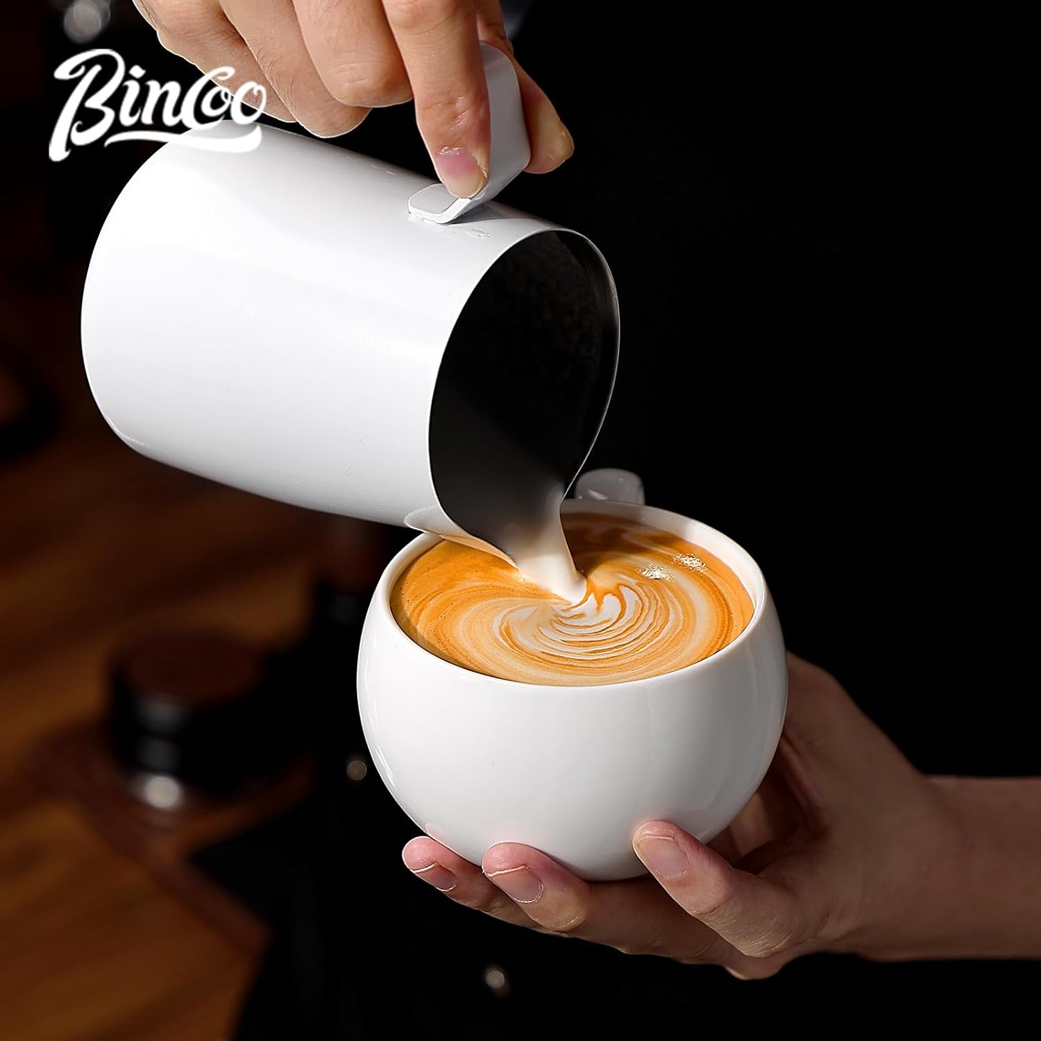 Bincoo Milk Frothing Pitcher 400ml,Stainless Steel Latte Art Cup Stainless Steel Frothing Milk Jug with Internal Measurements, for Cappuccino, Espresso and More(White 400ML)