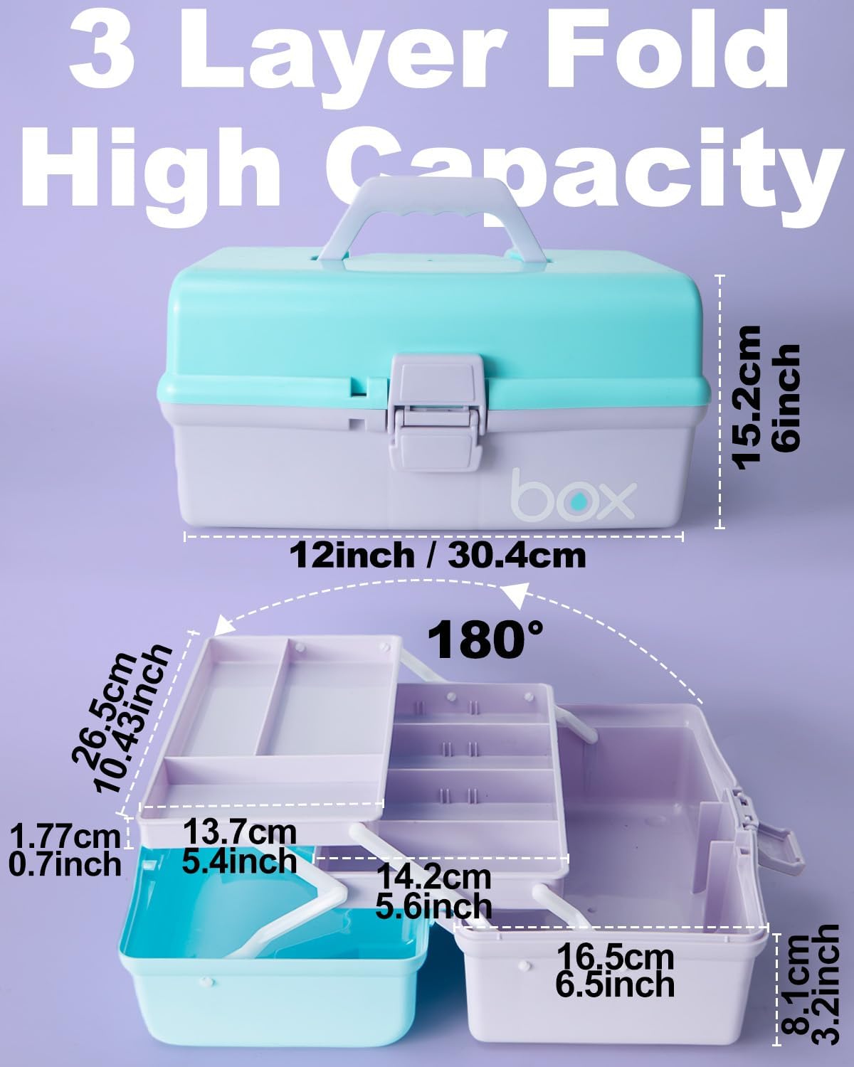12in 3-layer plastic craft organizers and storage, portable folding tackle box with handle & adjustable dividers, multipurpose case for sewing, art supplies, medicine, tools (purple blue)