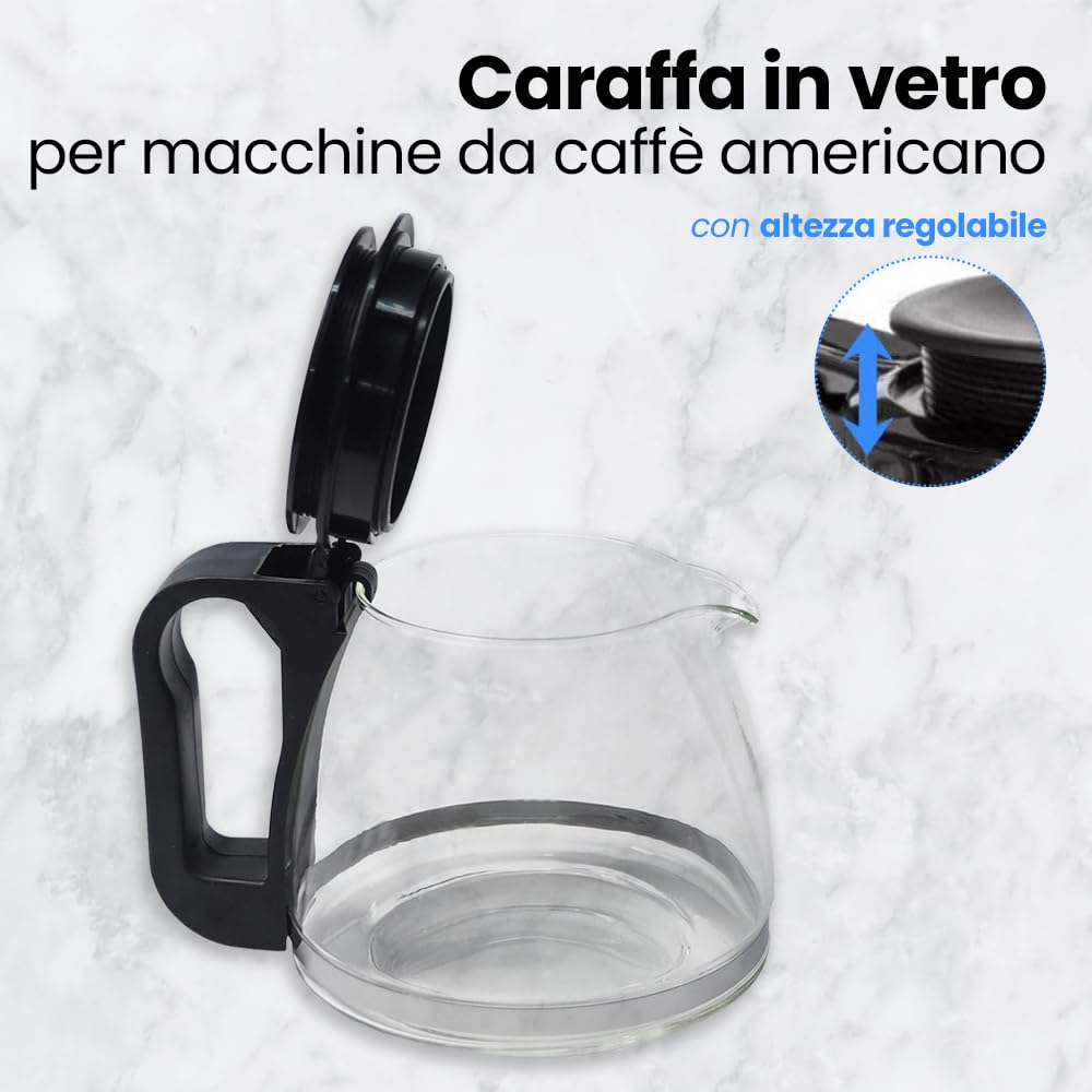 Anakel Home Caraffa in vetro per Macchine da Caffè Americano con Altezza regolabile | 13,5-15 cm di altezza x 14 cm di larghezza | Caraffa per Caffè con Coperchio, nera