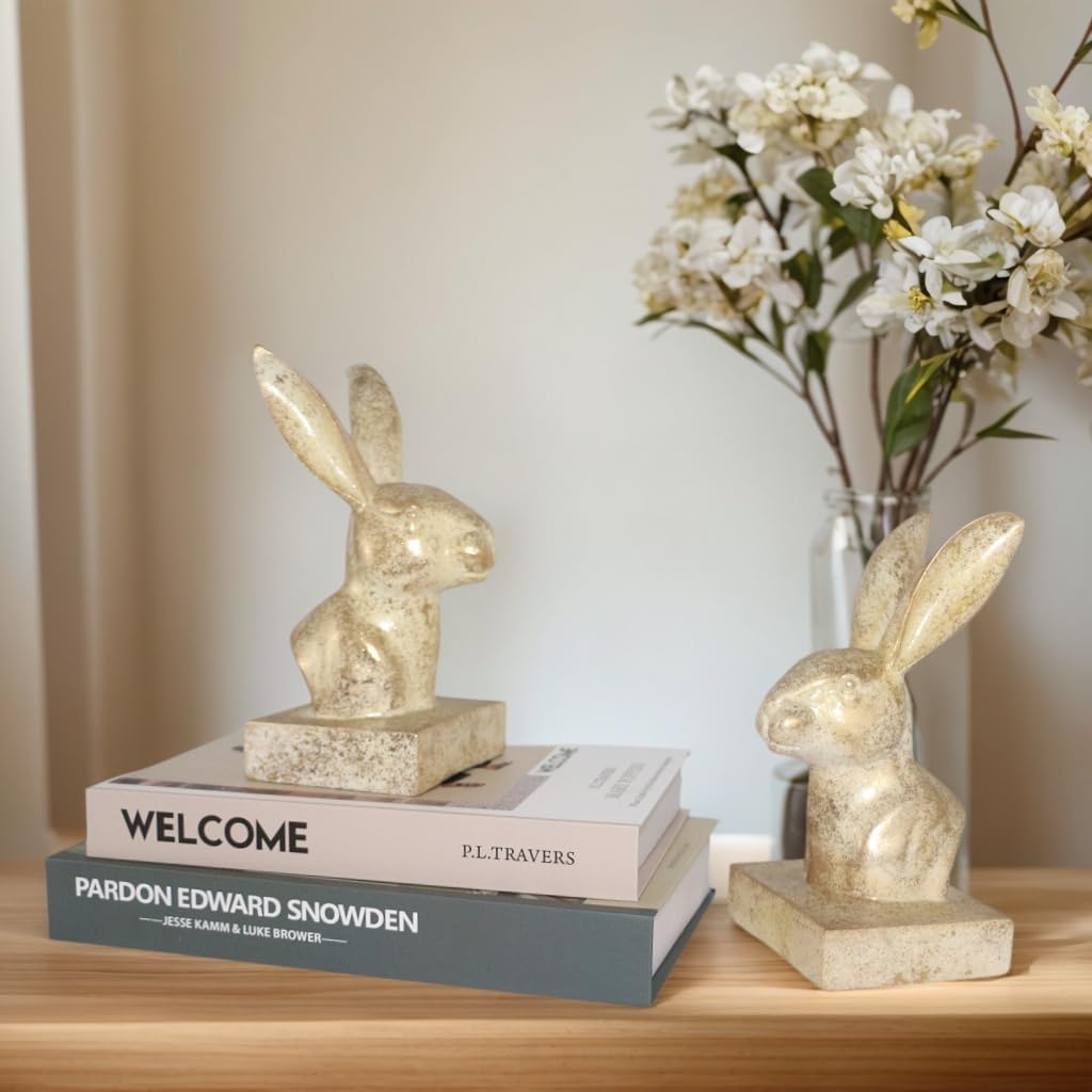 Rabbit Decor Bookends,1 Pair Cute Bunny Book Ends, Decorative Bookends for Heavy Books, Vintage Shelf Decor,Antique Gold