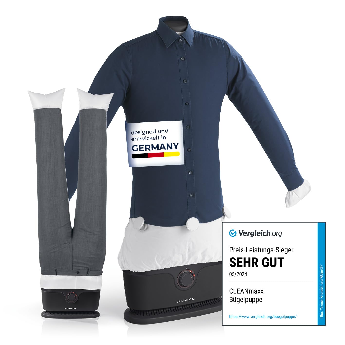 CLEANmaxx automatischer Hemdenbügler PRO mit Hosenaufsatz | Ersetzt Bügeleisen, Dampfglätter, Steamer | Bügelgerät mit Bügelpuppe für Hemden, Blusen & Hosen | Innovativ & effizient