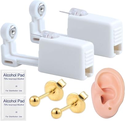2 Pack Self Ear Piercing Gun Kit with Built-in Earring Disposable Ear Piercing Gun Asepsis No Pain Safety Self Ear Piercing Gun Kit Tool for Girl Women Men Golden