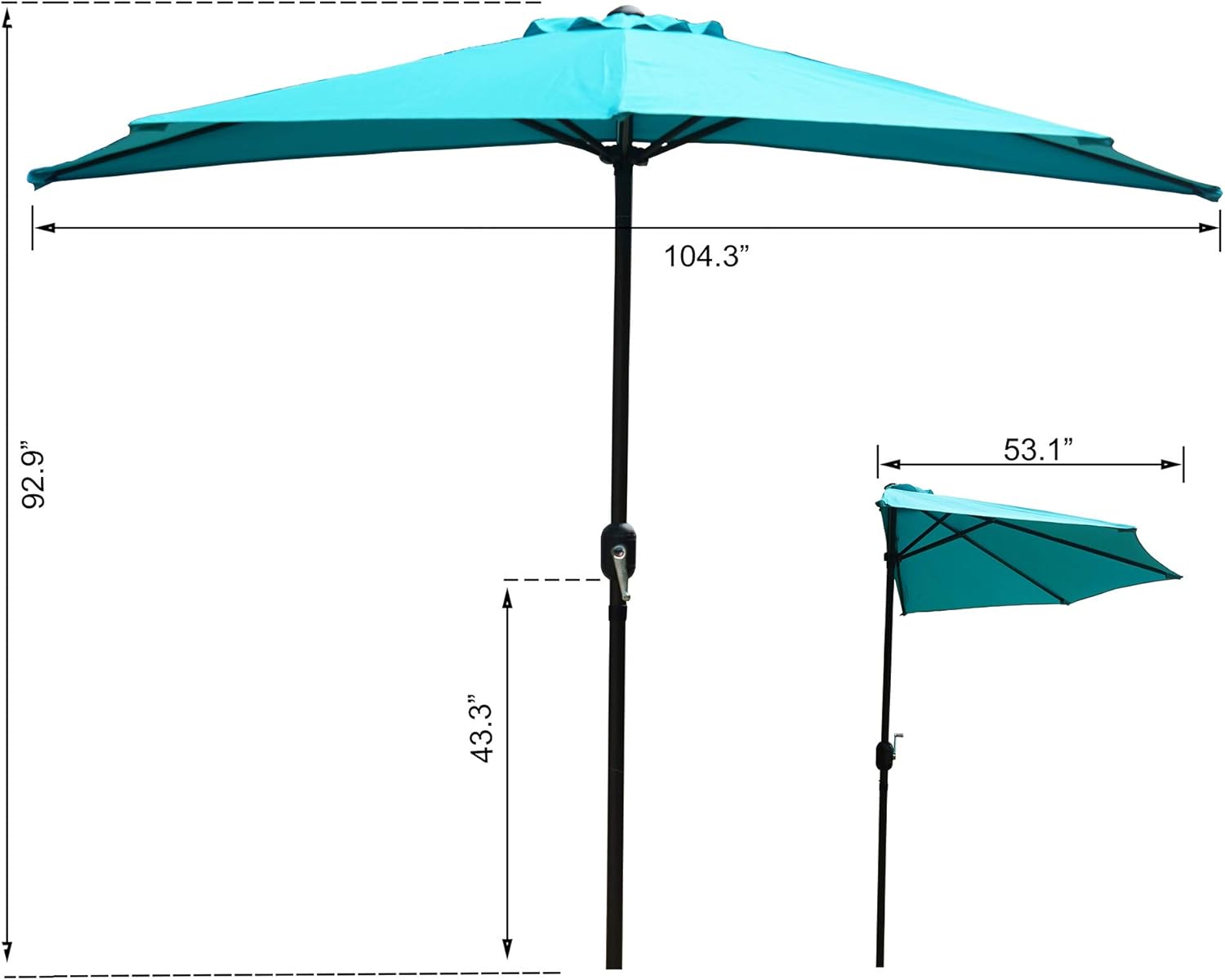Kozyard 9 Ft Half Round Outdoor Patio Market Umbrella with 5 Ribs for Balcony Deck Garden or Terrace Shade