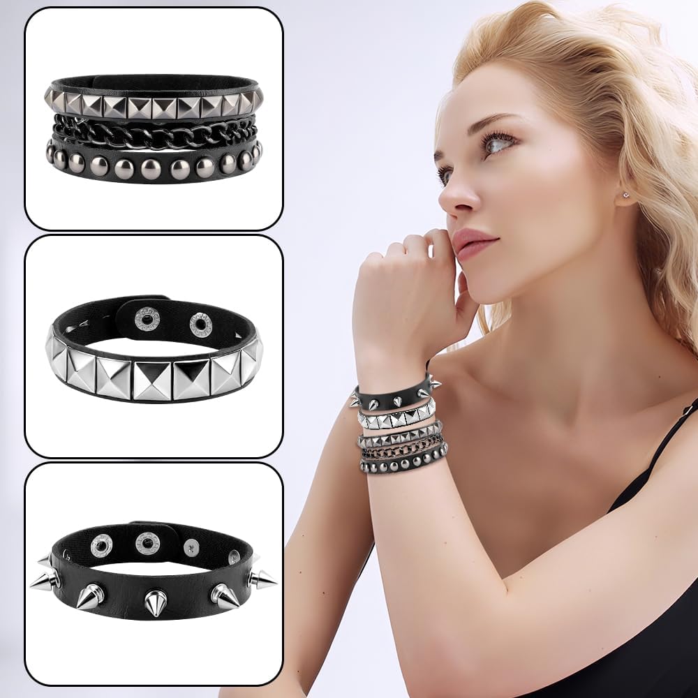 Leather Studded Spike Bracelet Bracelets, Emo Studded Punk Goth Gothic Spiky Spiked Bracelets for Women Men