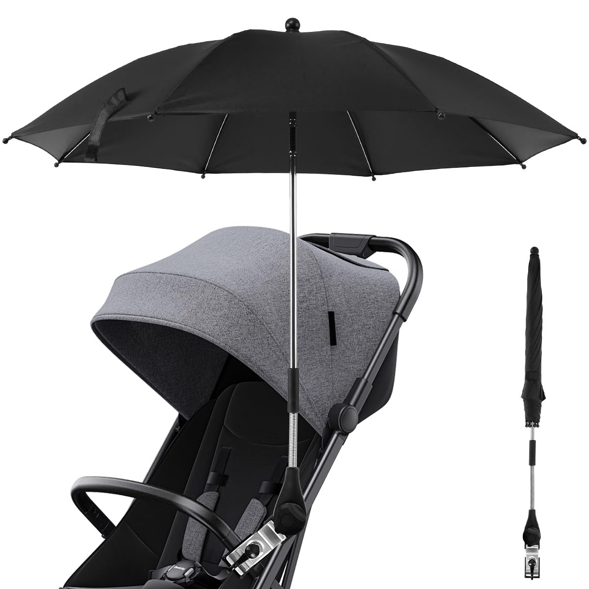 Universal Baby Parasol with 360ยฐ UV Protection for Pushchairs, Stroller and Buggy - Infant Sun Protection Umbrella Canopy with Adjustable Fixing Clamp