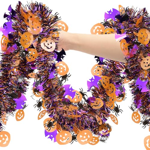 Halloween Decorations Tinsel Garland Outdoor 33 FT Halloween Indoor Tree Decorations with Pumpkin Black Spider Purple Bat Shiny Metallic Twist Garland for Home Party Decor