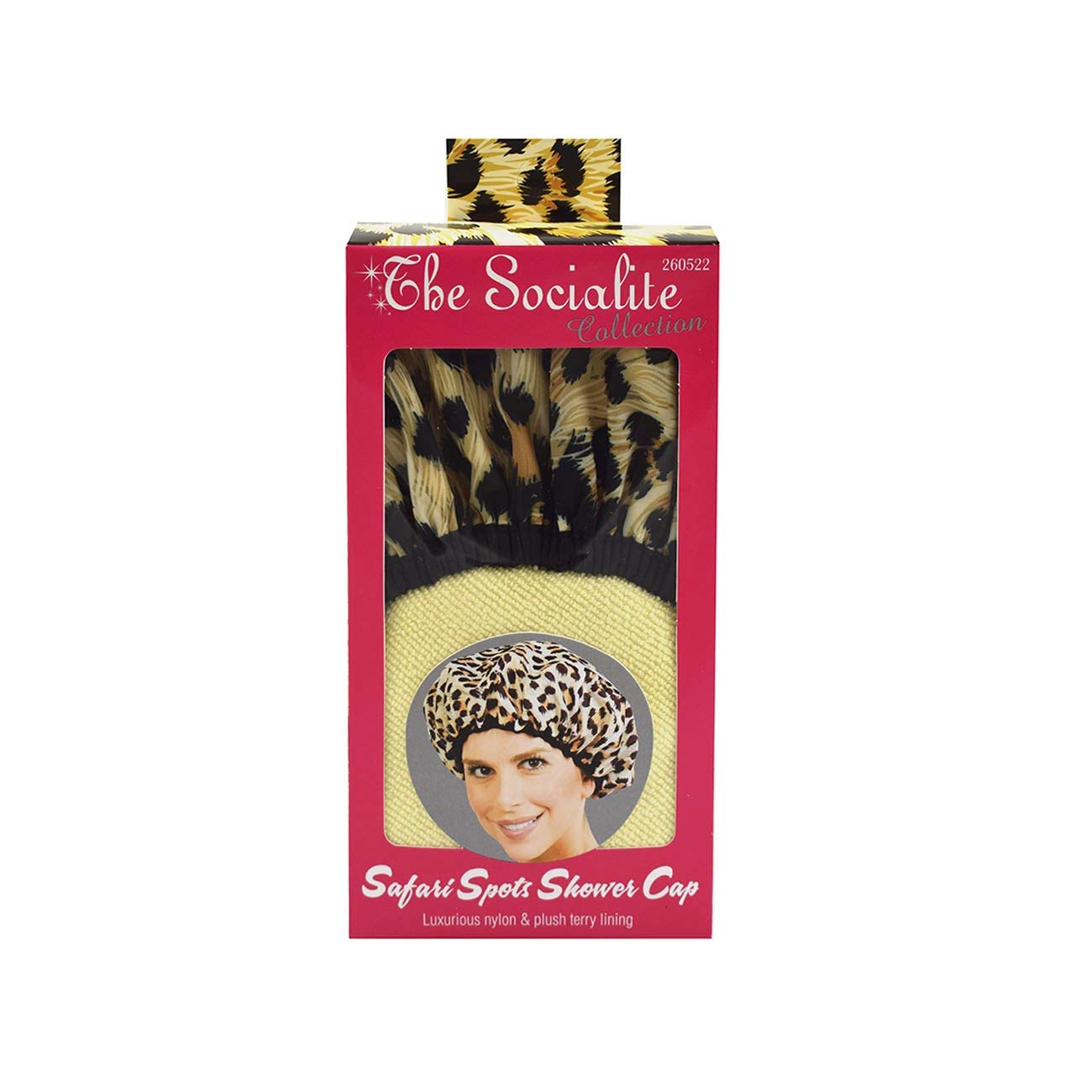 Reusable Nylon Shower Cap & Bath Cap, Reversible Oversized Waterproof Shower Caps Large Designed for all Hair Lengths w Terry Lining & Elastic Band Stretch Hem Hair Hat - Socialite Safari Spots