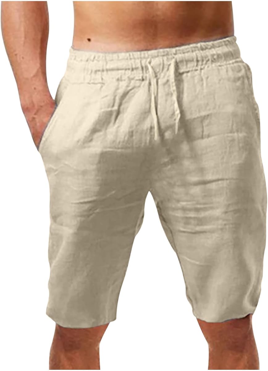 Big and Tall Men's Linen Shorts 2023 Causal Elastic Waist Drawstring Summer Beach Shorts Classic-Fit Flex Pants