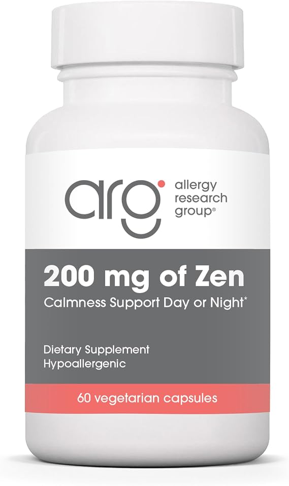 مجموعة أبحاث الحساسية ARG 200 ملغ من Zen - يدعم التوازن بين الهدوء والتوتر - يوفر 200 ملغ من L-Theanine و550 ملغ من GABA لكل وجبة - نباتي ومضاد للحساسية - 30 وجبة - 60 كبسولة
