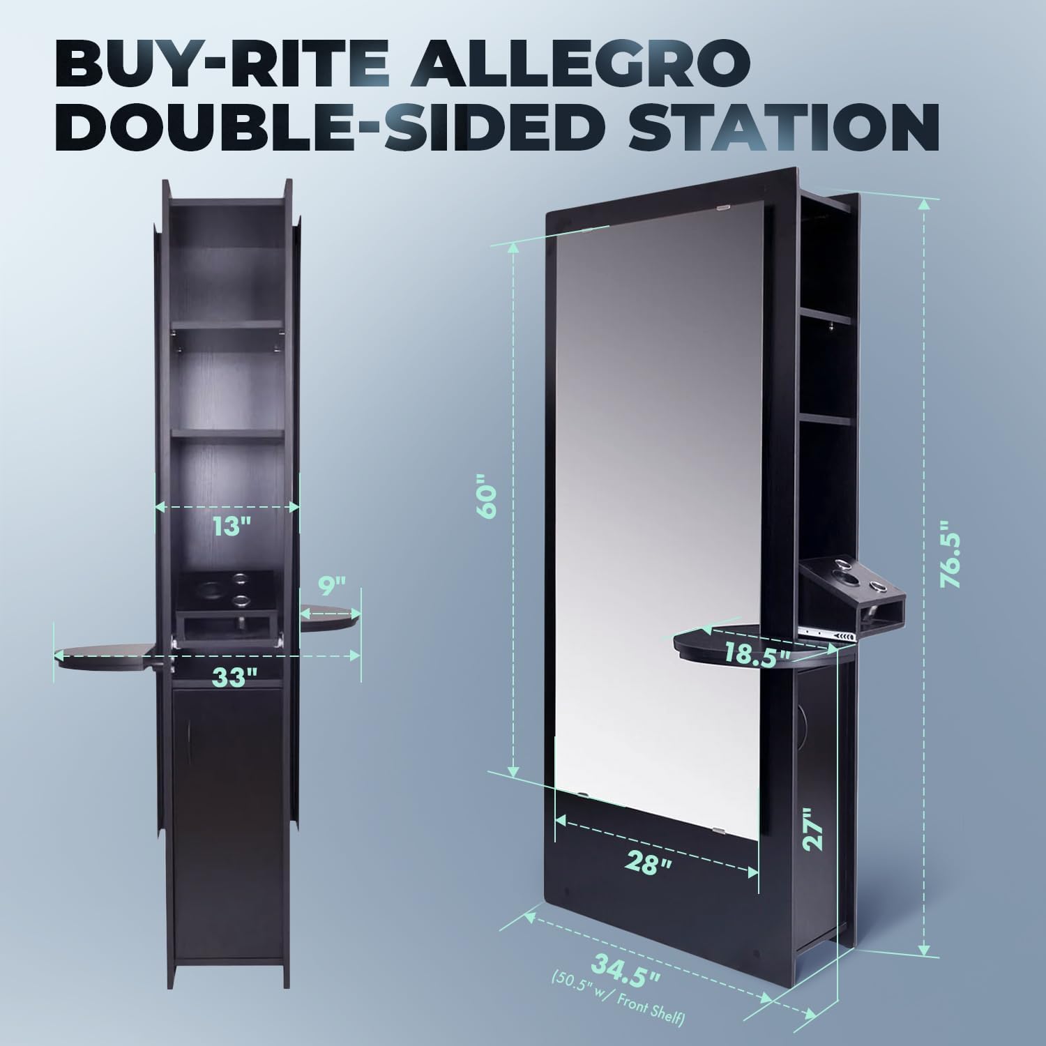 Buy-Rite Allegro Double-Sided Styling Station - Black Salon Unit with Dual Mirrors, Slide-Out Appliance Holders & Ample Storage for Professional Use, OD-2903B-BLK