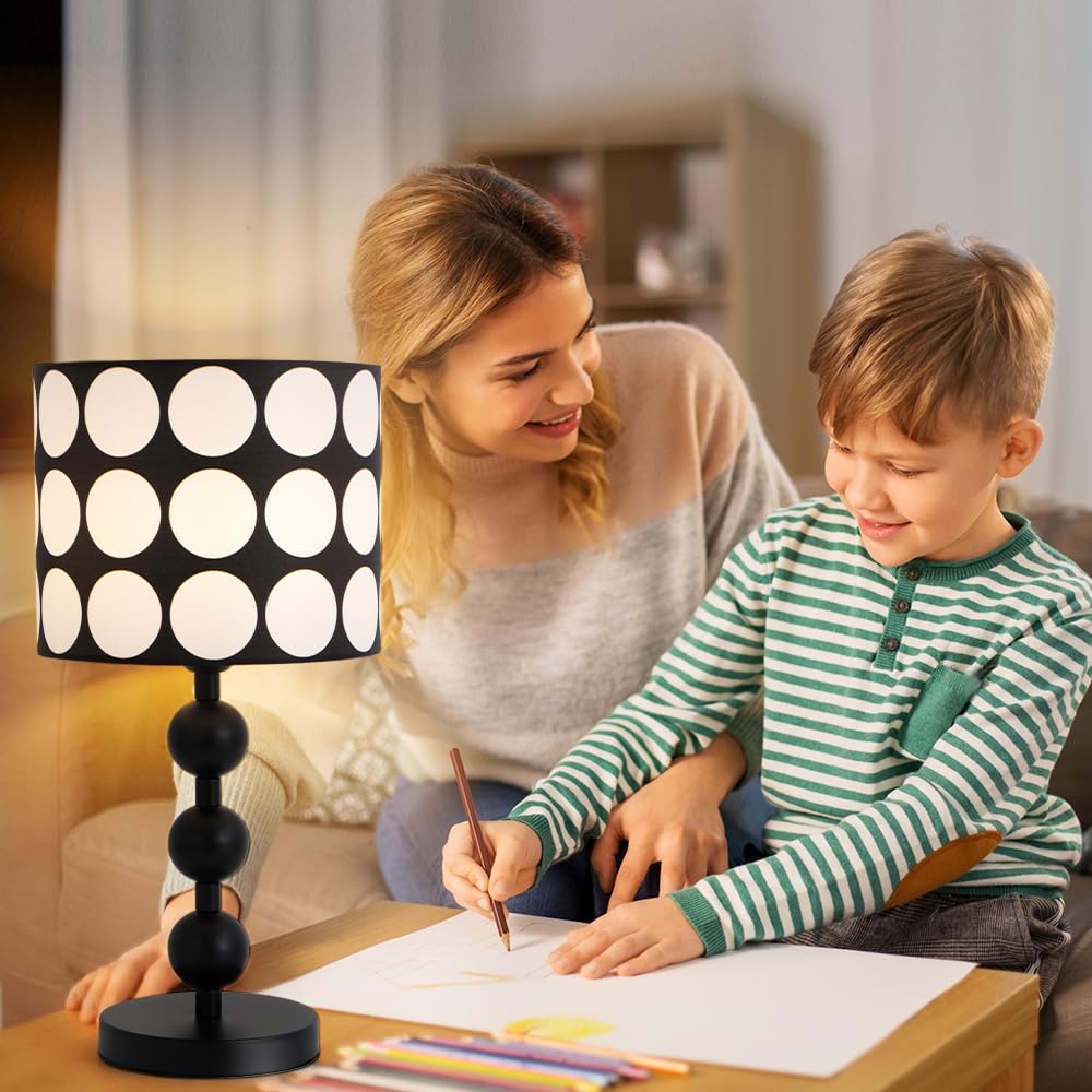 Lampada da Tavolo con Sfere Bianche e Nere, Paralume in Plastica con Motivo a Pois, Diametro 25 cm, Attacco E27, Lampadina non Inclusa