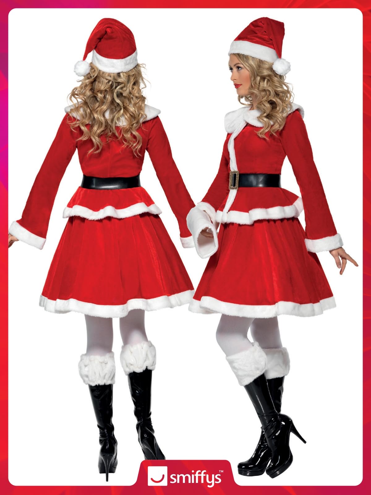 Smiffys Disfraz de Miss Santa, Rojo, con chaqueta, falda, gorro, cinturón y manguito Halloween, Carnaval