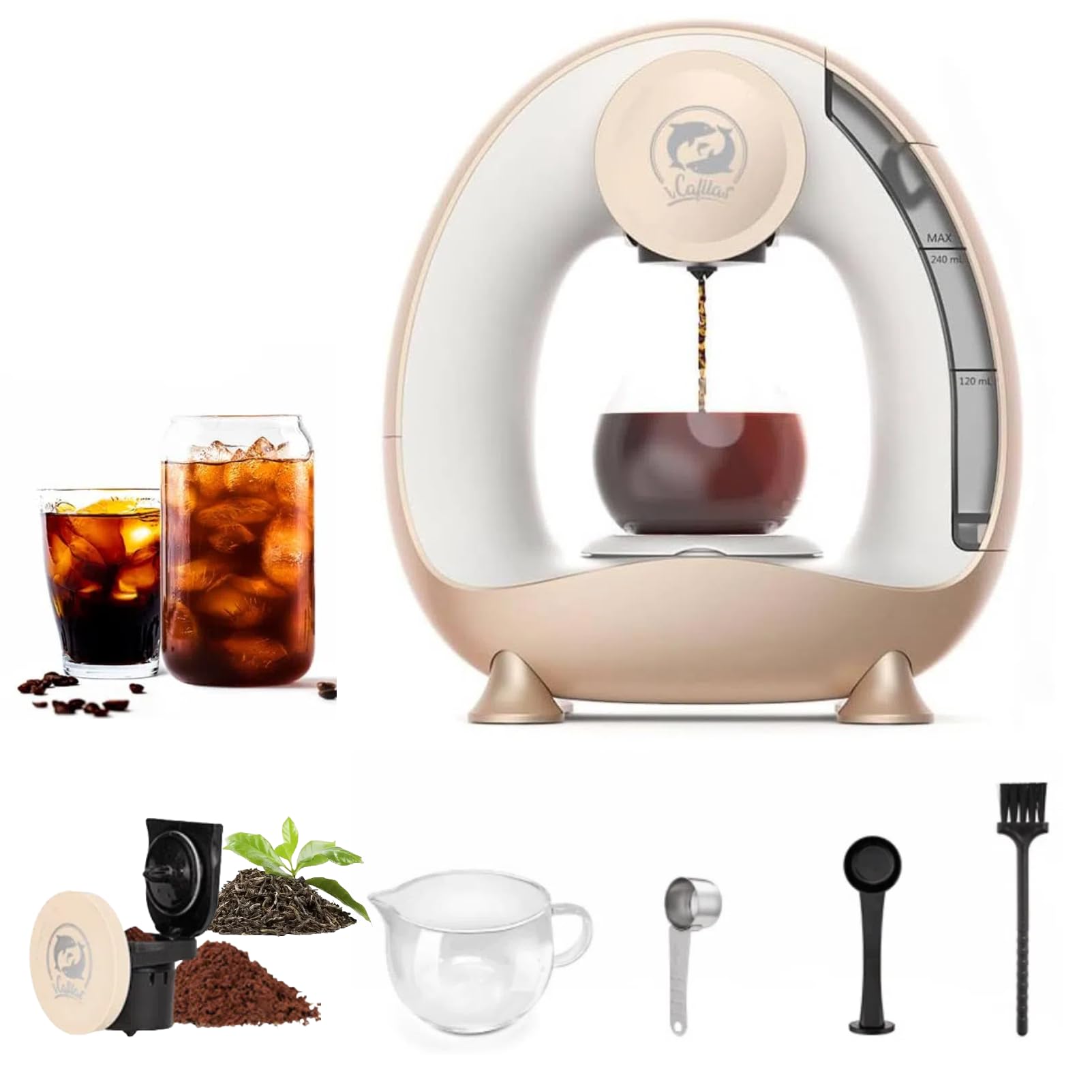 i Cafilas Electric coffee machine Mini coffee brewer for ground coffee,Americano 2-in-1 Mini One Cup coffee brewer/tea maker 1400W 2-Minute Fast Heating, 120-240ml single cup capacity (champagne)