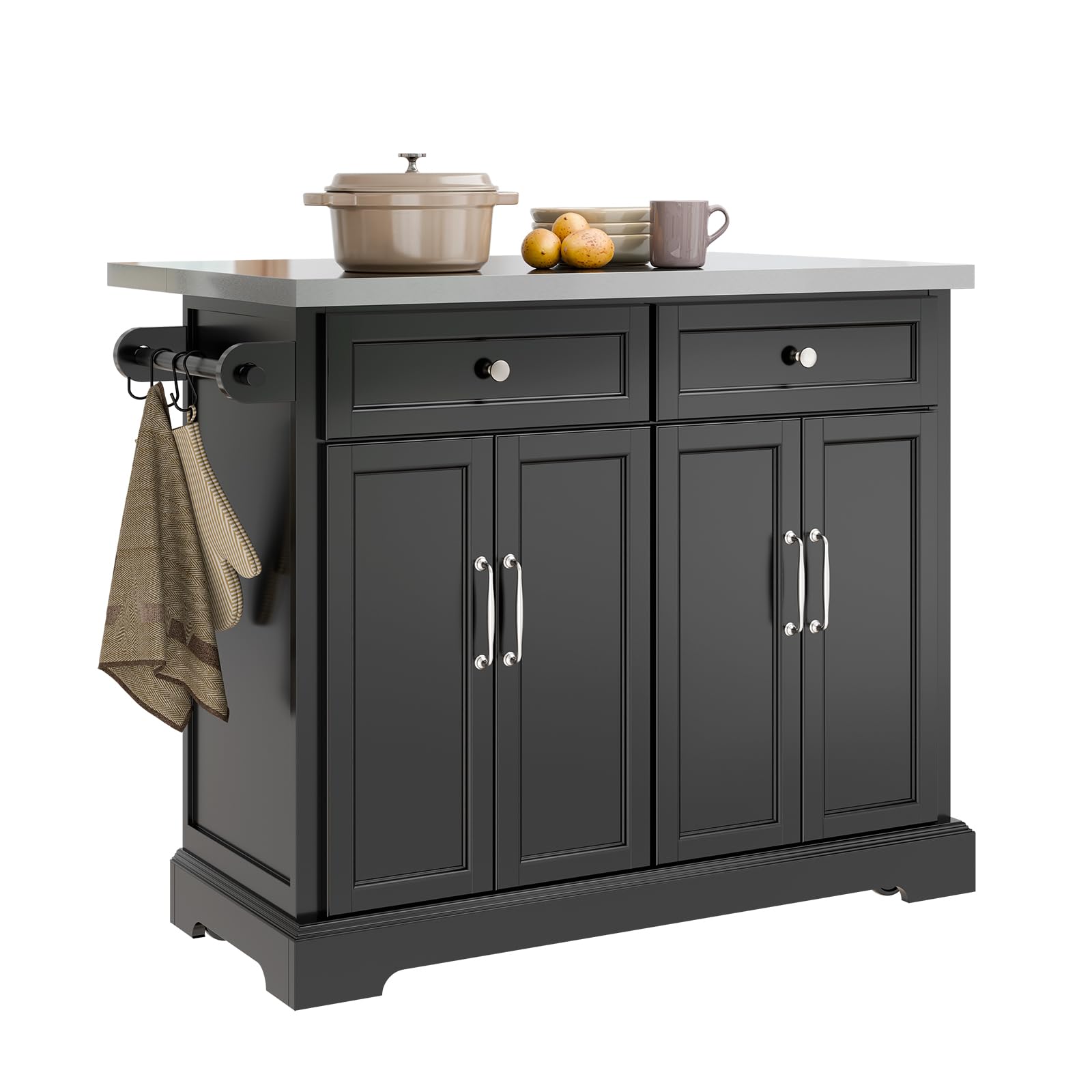 SoBuy Kitchen Island on Wheels Rolling Kitchen Storage Trolley with Extendable Worktop, 2 Drawers and Adjustable Shelves for Dining Room, Breakfast Bar Black W115 x D(45–71) x H92 cm FKW71-II-SCH