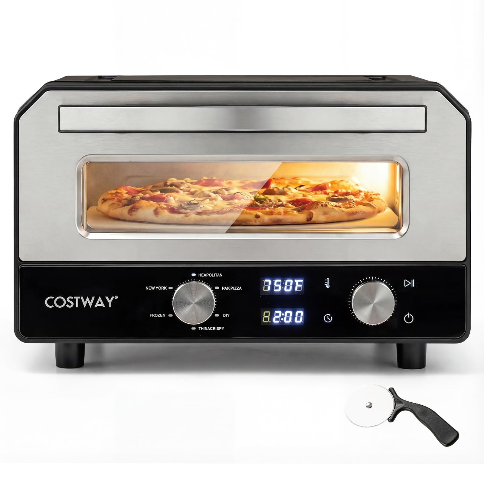 COSTWAY Horno Pizza Electrico, 11,5L, 1700W, 400℃, Pizzera Electrica con 6 Modos Preestablecidos, Piedra y Cortador de Rueda, Pizza Oven Interior Exterior