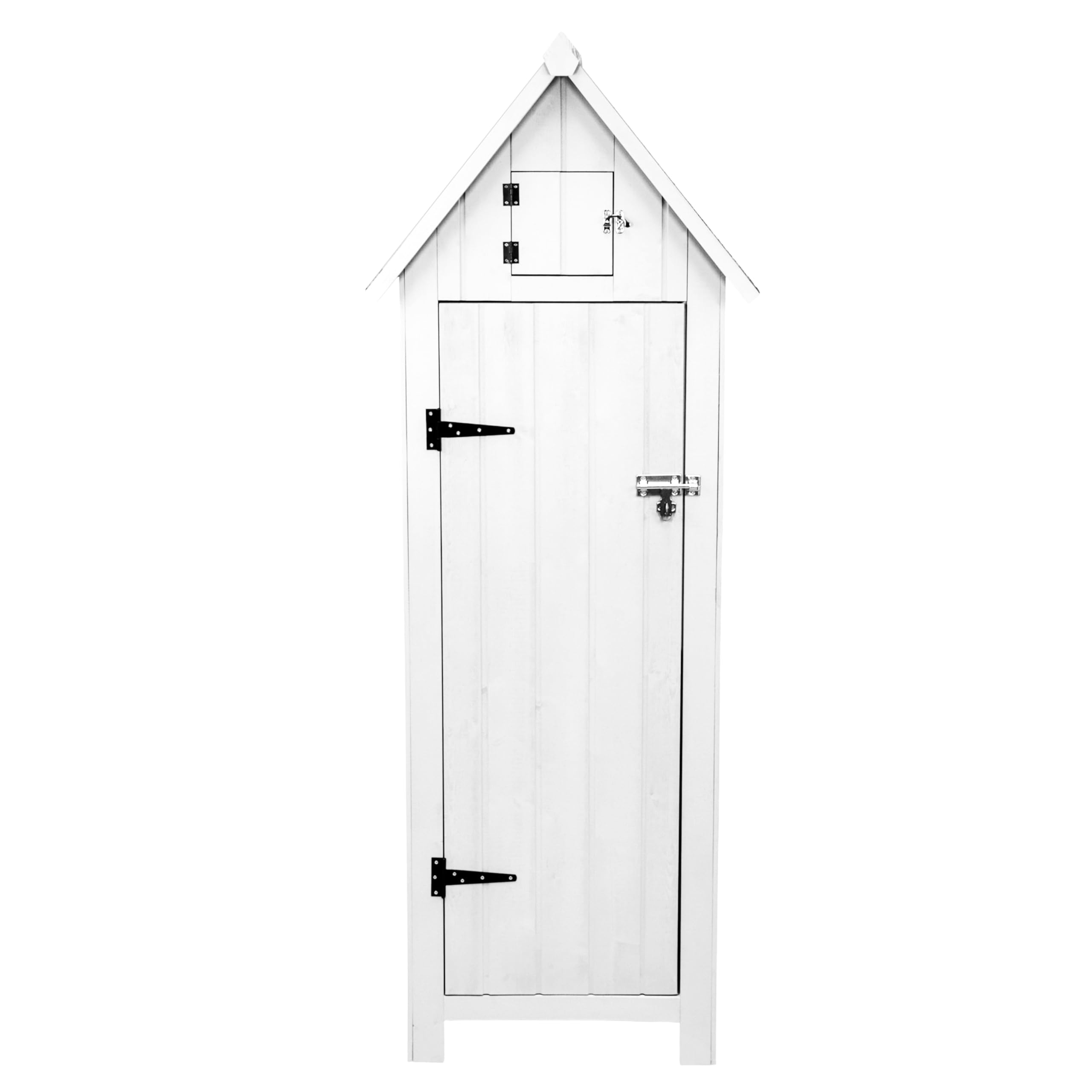 Gartenschrank aus Holz [Weiß], Wasserfest, Abschließbare Türen, 3 Regale 4 Haken, Dachluke, Bodenbefestigungskit, Schraubenabdeckungen, Asphaltdach [INKL. Vorhängeschloss & 4 Schlüssel]
