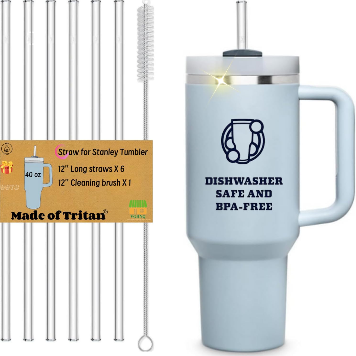 6 Pack Tritan Replacement Straws for Stanley 40oz Tumbler - 12 Inch Long BPA-Free Reusable Hard Straws with Cleaning Brush - Dishwasher Safe for Home Office Car Travel Gym