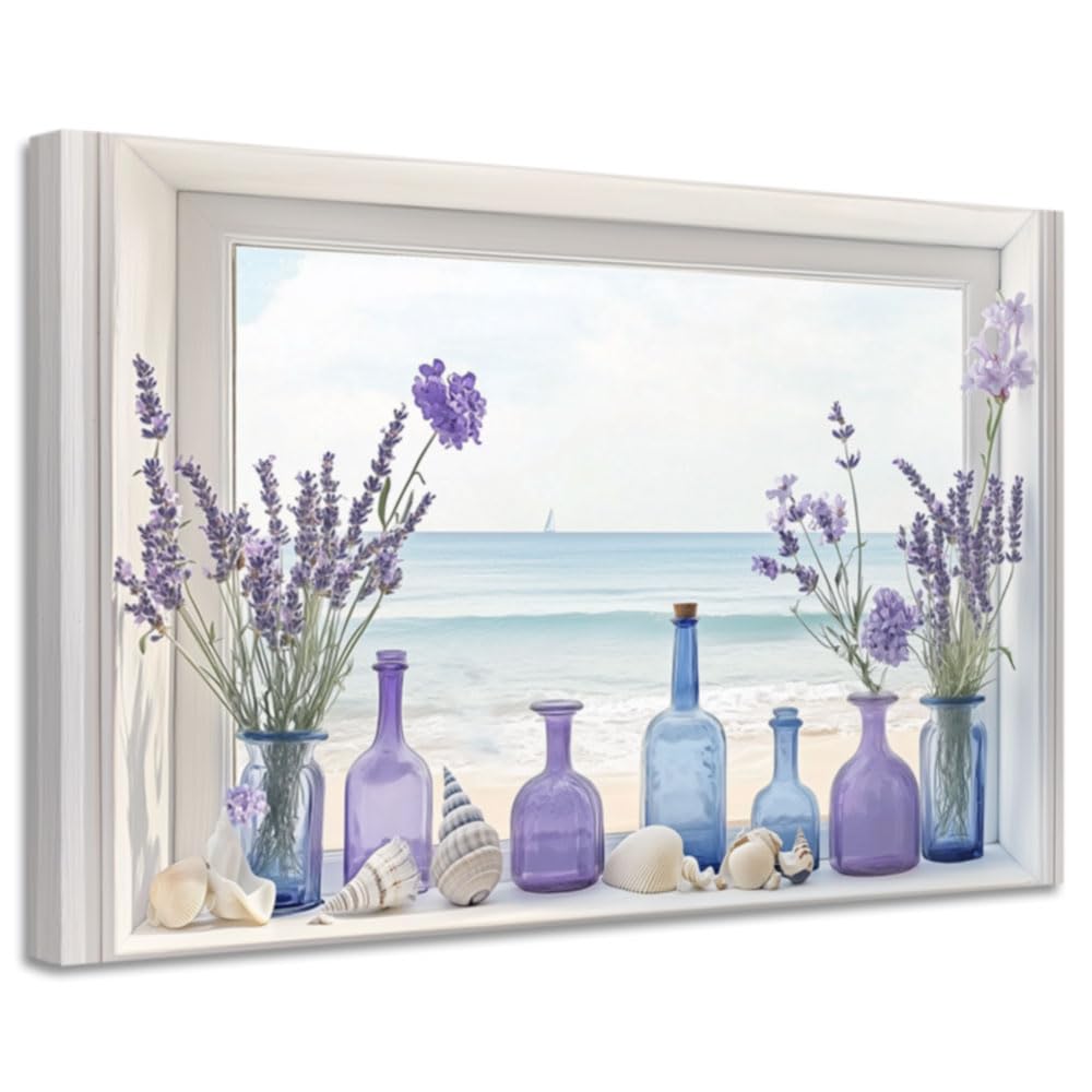 CGXLB Coastal window view Wall Art Lavender open window Painting Beach House Picture Nautical Decor for Living Room Bedroom Spa 12"x18"