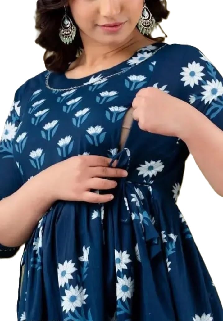 miss meoww Women's Cotton Floral Printed Maternity Dress Kurti with Feeding Zipper Maternity Gown for Women Feeding Dress