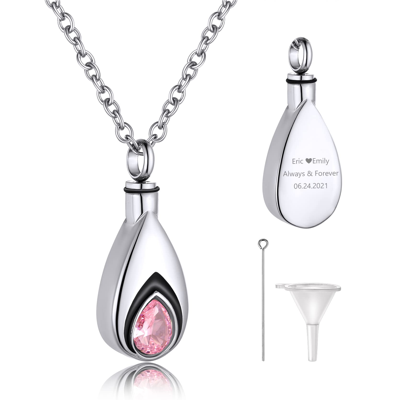 GoldChic Colgantes para Meter Cenizas Seguro Forma Gota de Agua con Cadena 50cm Largo, Colgantes Cenizas Tono Plata Nombre Personalizable, con Caja de Regalo
