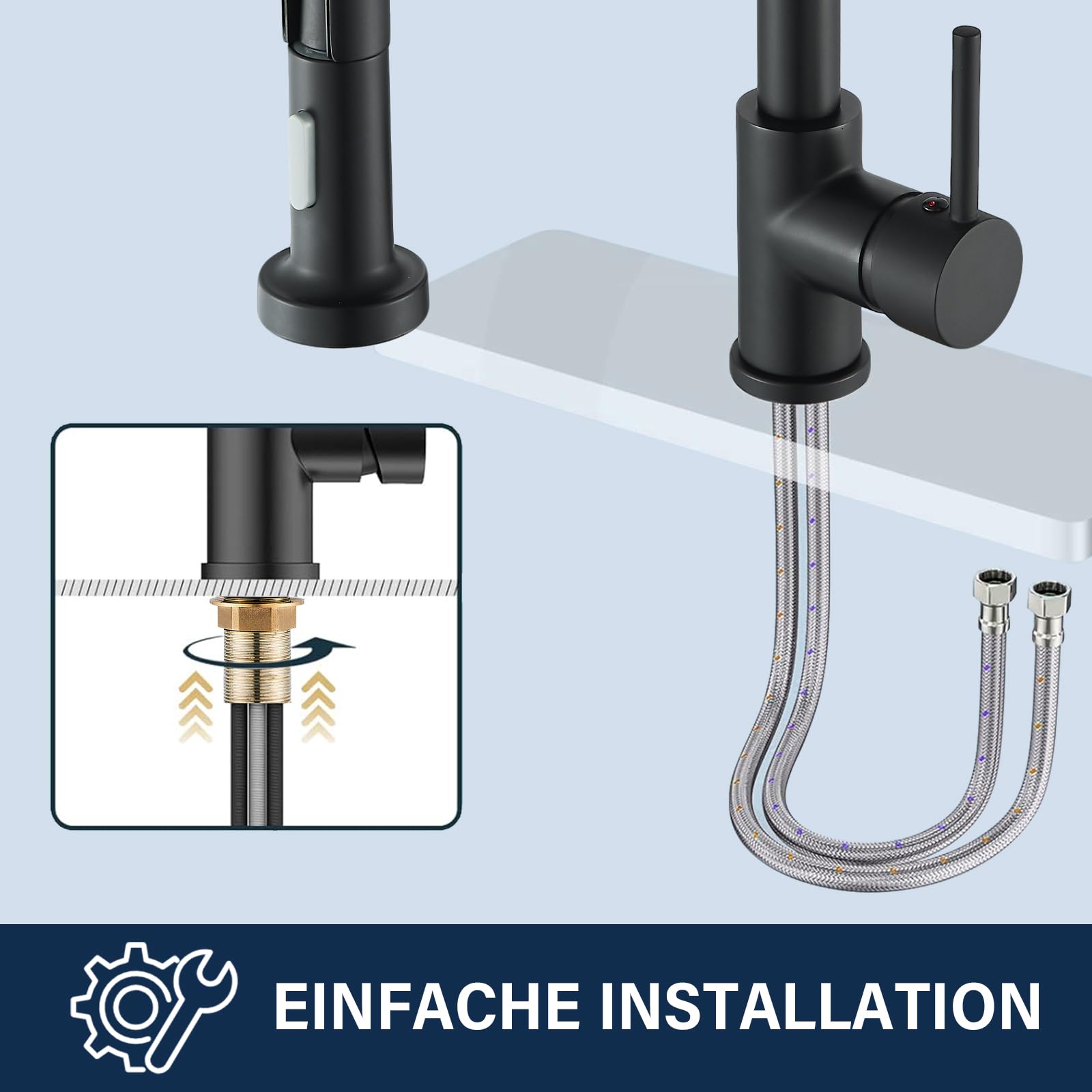 Wasserhahn Küche Schwarz Küchenarmatur mit Brause Mischbatterie Küche 360° Drehbar 2 Sprühfunktionen Spültischarmatur