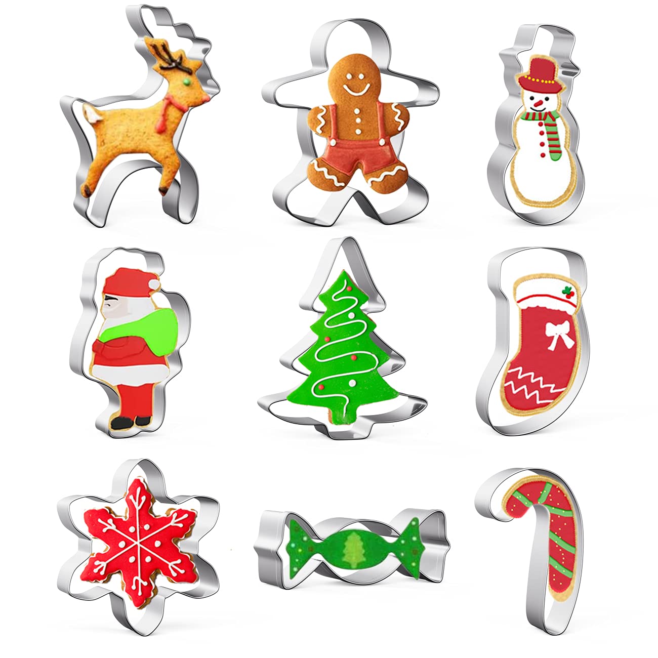 MIUTMEChristmas Cookie Cutters Set, 9 Pieces Stainless Steel Christmas Biscuit Cutters Shapes- Gingerbread Boy, Christmas Tree, Snowflake, Reindeer, Snowman, Santa, Claus, Socks for Cookie DIY Baking