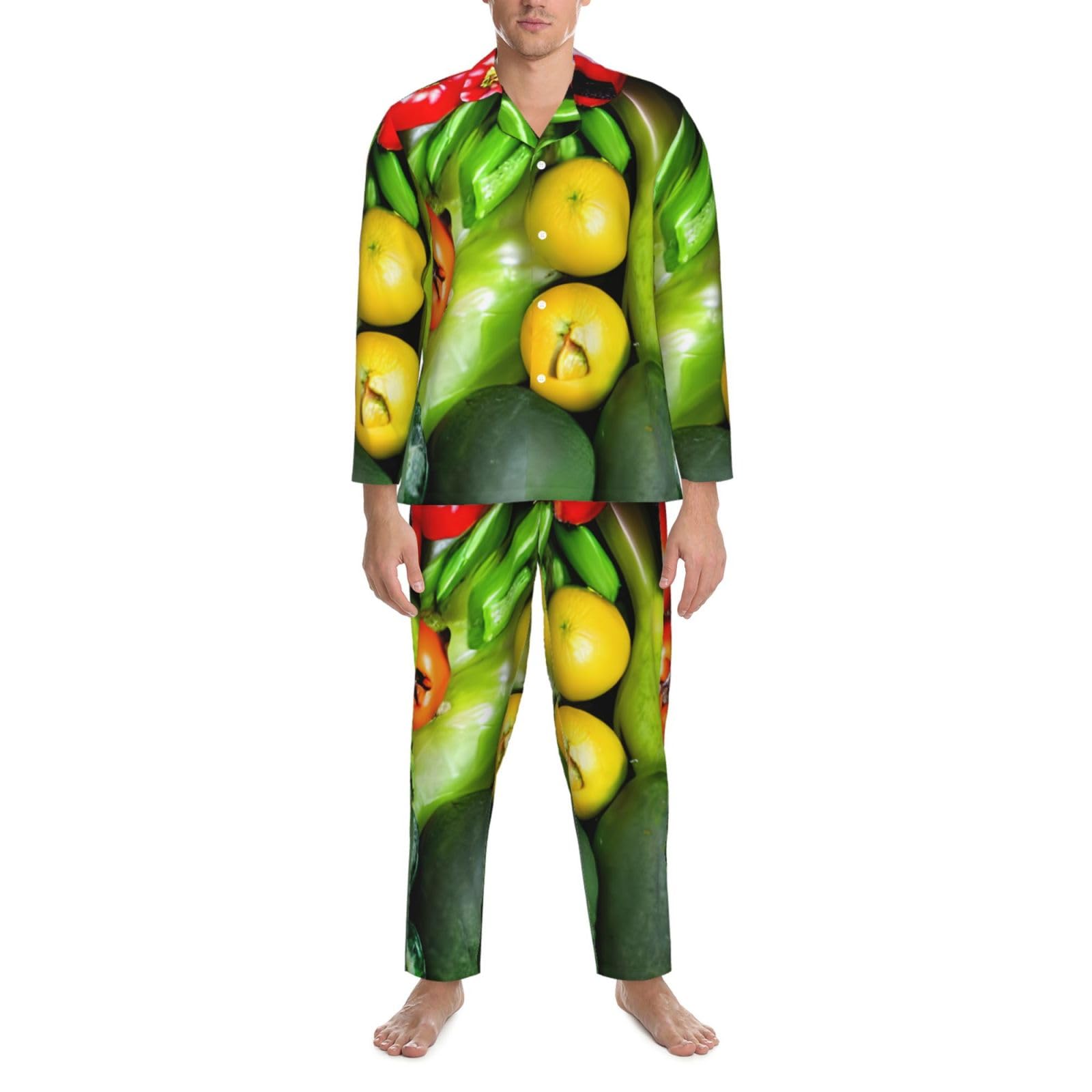 Conjunto de pijama de manga larga para hombre con estampado de frutas y verduras frescas, ropa de dormir transpirable y cómoda