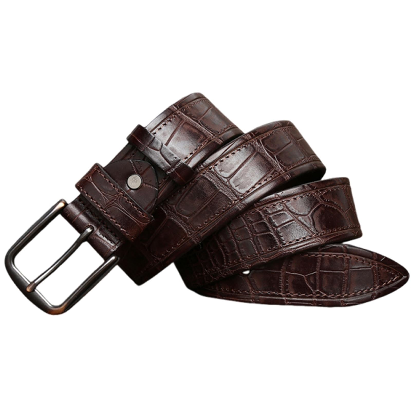 AGUTALITHIC Men's Women's Embossed Crocodile Pattern Cowhide Leather Hand Stitched Belt with Vintage Buckle 3.7cm Wide Strap(130cm/51, Coffee)