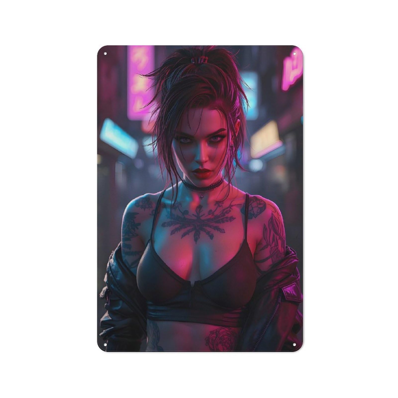 Girl with Tattoos in Neon City Metal Tin Sign, Small Wall Accent for Small Toilet, Washroom And Hallway, 30x20cm