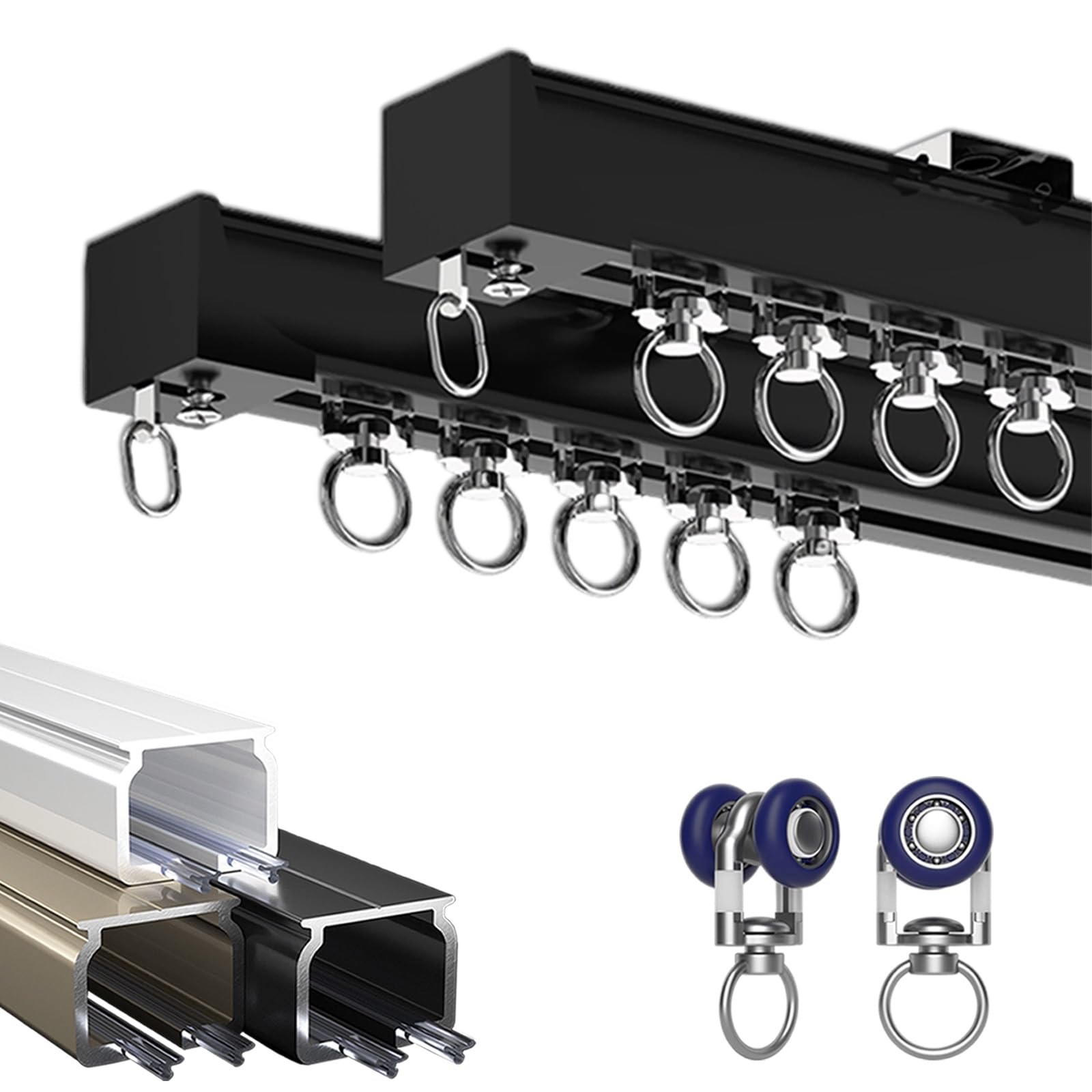 Wall Or Ceiling Mount Double Curtain Track Rod Set, Aluminum Curtains Rod Heavy-Duty Curtains Rail for Quiet Smooth Gliding, Curtain Rail With Mute Rollers(Black,460cm(15.1ft))