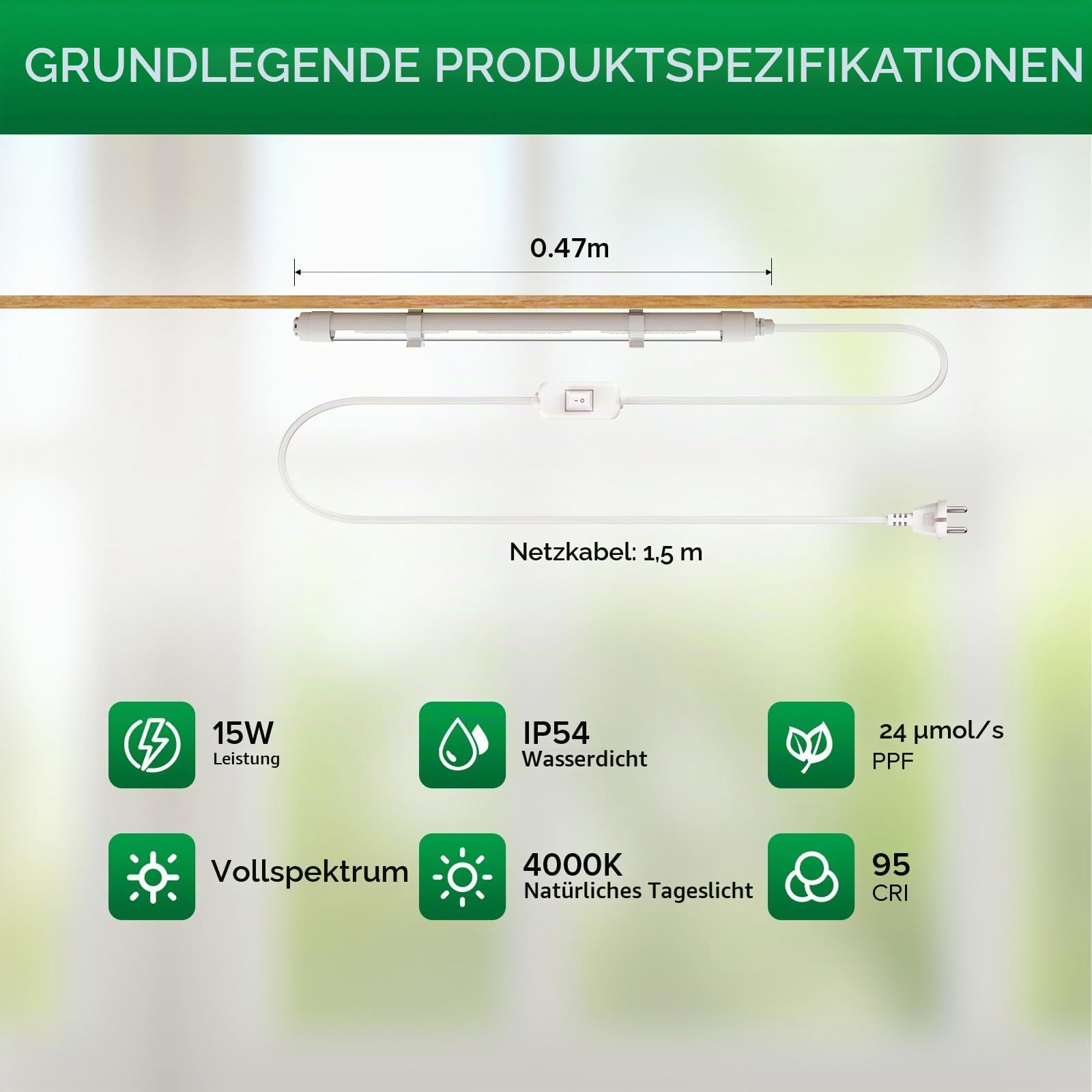 SANSI 15W Pflanzenlampe Vollspektrum, 42cm T8 Grow Lampe, IP54 Wasserdicht | für Zimmerpflanzen, 4000K Pflanzenlicht mit Entlüftungsventil für Aussaat, Pflanzenwachstum, Gewächshaus, Pflanzregale