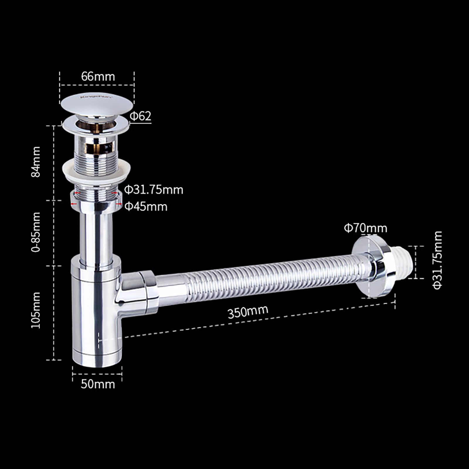 Siphon Waschbecken mit Überlauf,Pop Up Ablaufventil,Geruchsverschluss,Höhenverstellbar,Flexibel Ausziehbar,Messing Abflussrohr Waschbecken