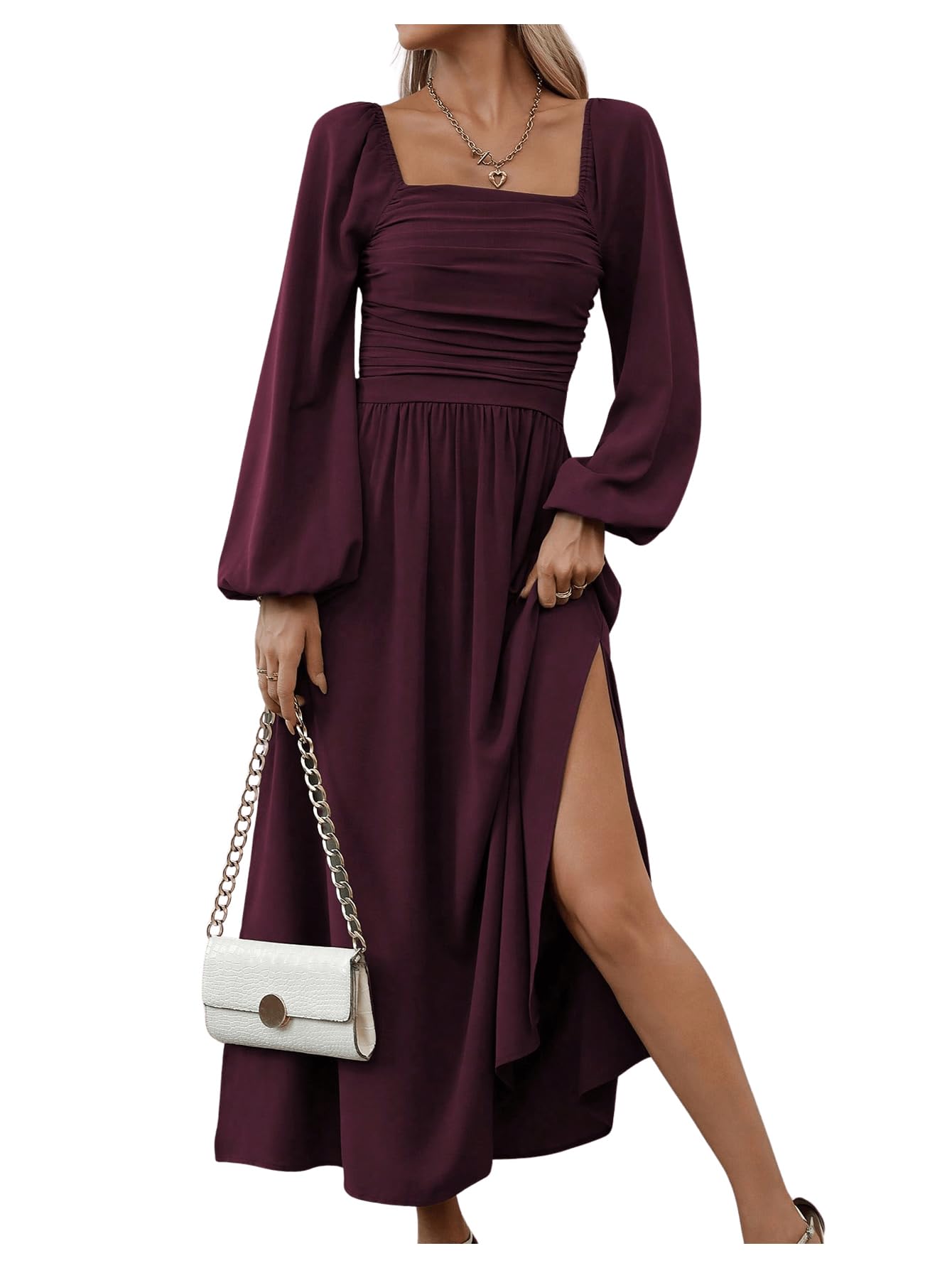 Floerns Womens Square Neck Lantern Long Sleeve Dress Split Ruched Party Midi Dresses
