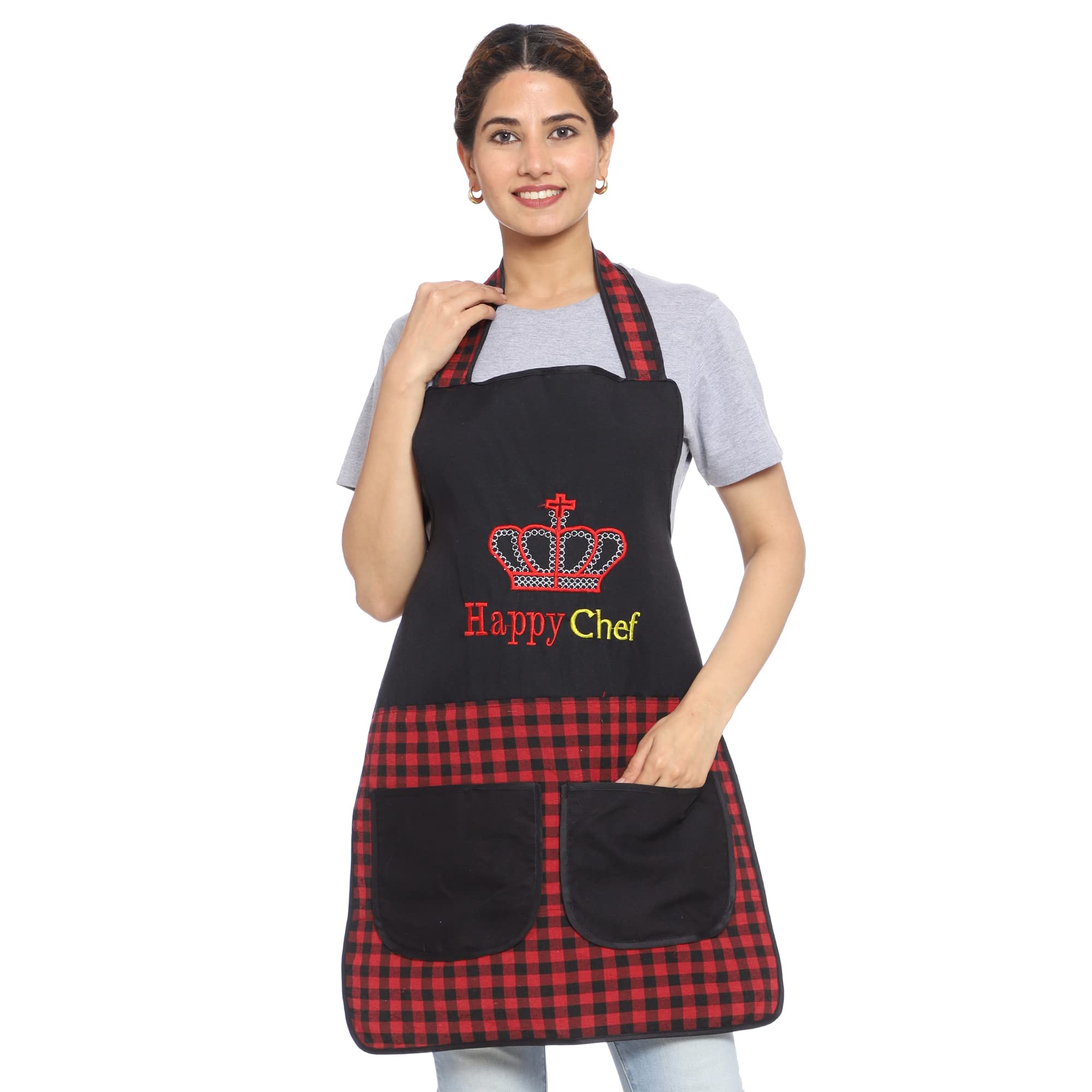 JMiPolyester Happy Chef Embroidered Apron for Women Kitchen Waterproof , Free Size , Double Pocket .Apron Bibs ., WHOLE RED, Free
