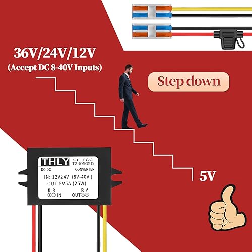 Miniatura 10 de Convertidor de 12 V a 5 V 10 A 50 W, convertidor de 24 V a 5 V con fusible impermeable y bloque de terminales de cable, convertidor Buck de 24 V a 5