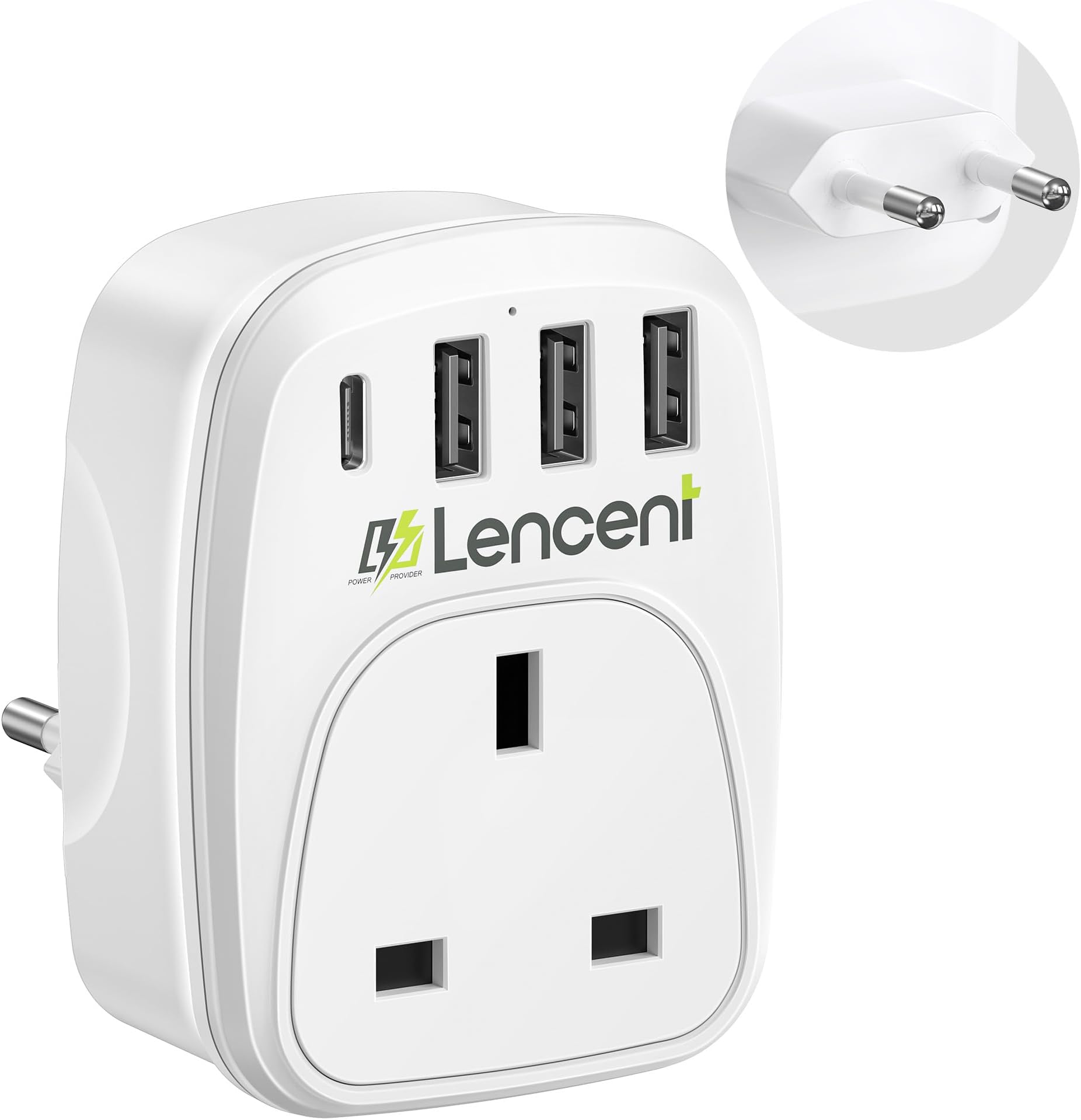LENCENT UK to European Plug Adapter, EU Euro Europe European Travel Adapter with 3 USB Ports(1 USB C), UK to EU Plug Adapter for Italy Germany France Iceland Poland Spain Russia and More (Type C E F)